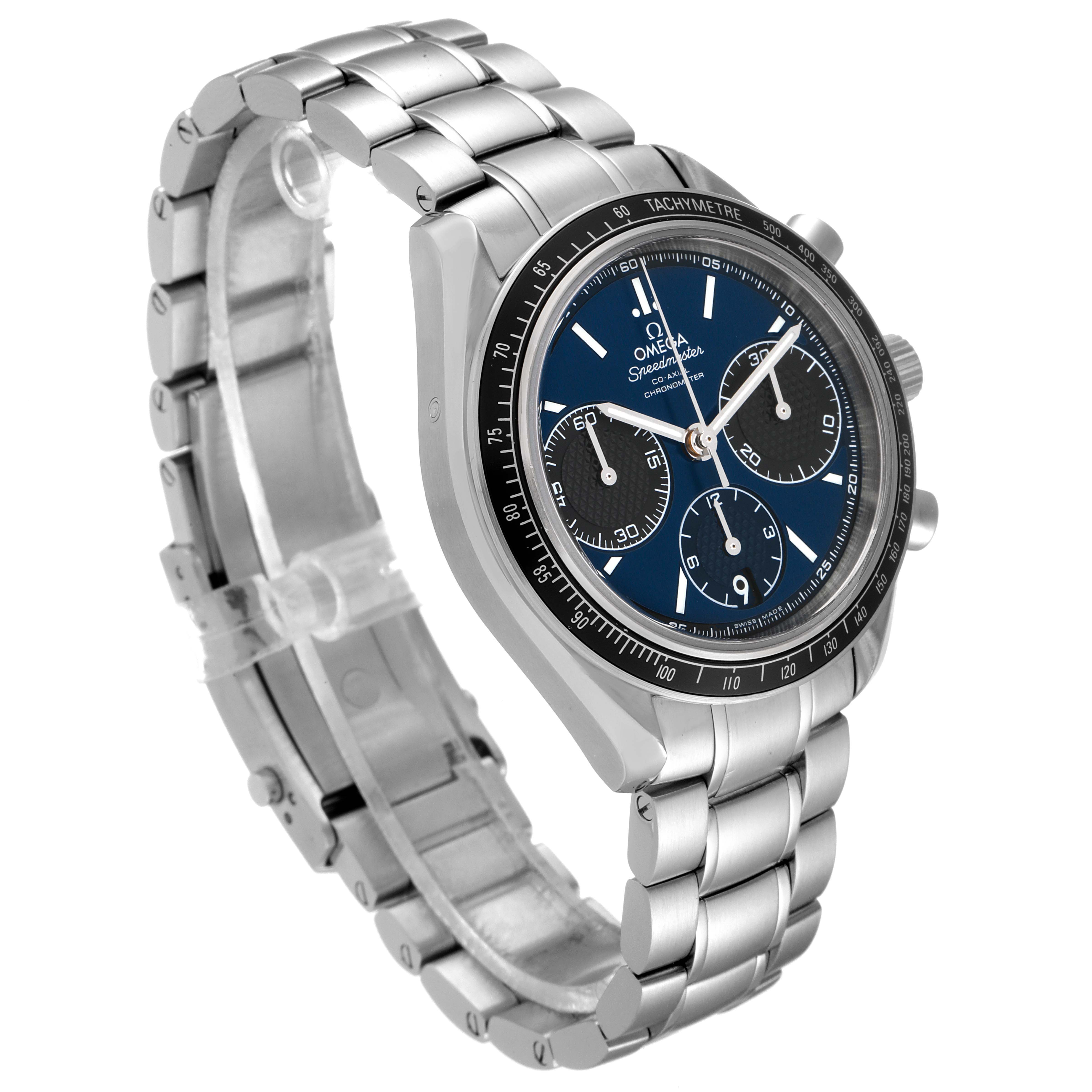 The Omega Speedmaster 326.30.40.50.03.001 Men
s Stainless Steel Blue Dial 326.30.40.50.03.001 Men
s Stainless Steel Blue Dial watch is shown at an oblique angle, displaying the face, bezel, and stainless steel bracelet.