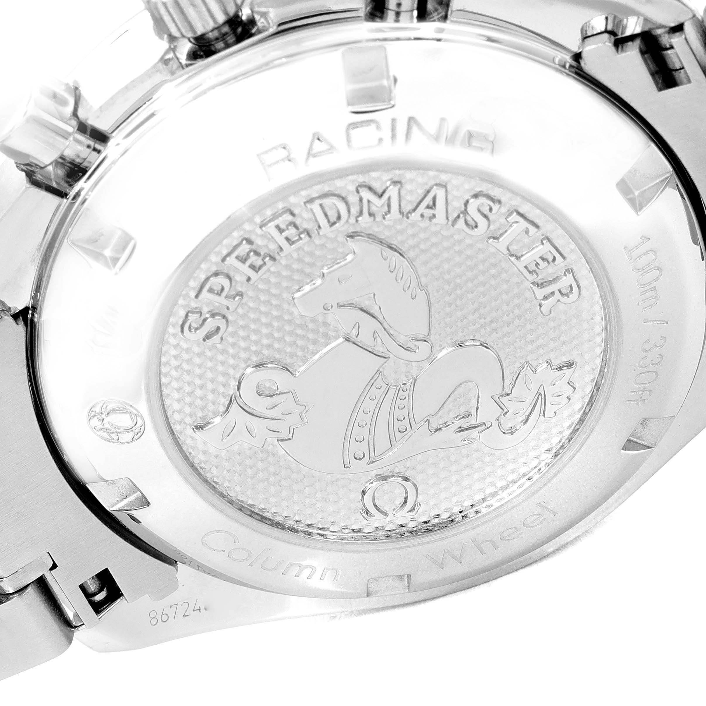 The image shows the back case of an Omega Speedmaster 326.30.40.50.03.001 Men
s Stainless Steel Blue Dial 326.30.40.50.03.001 Men
s Stainless Steel Blue Dial Racing watch, featuring its engraved logo and text.