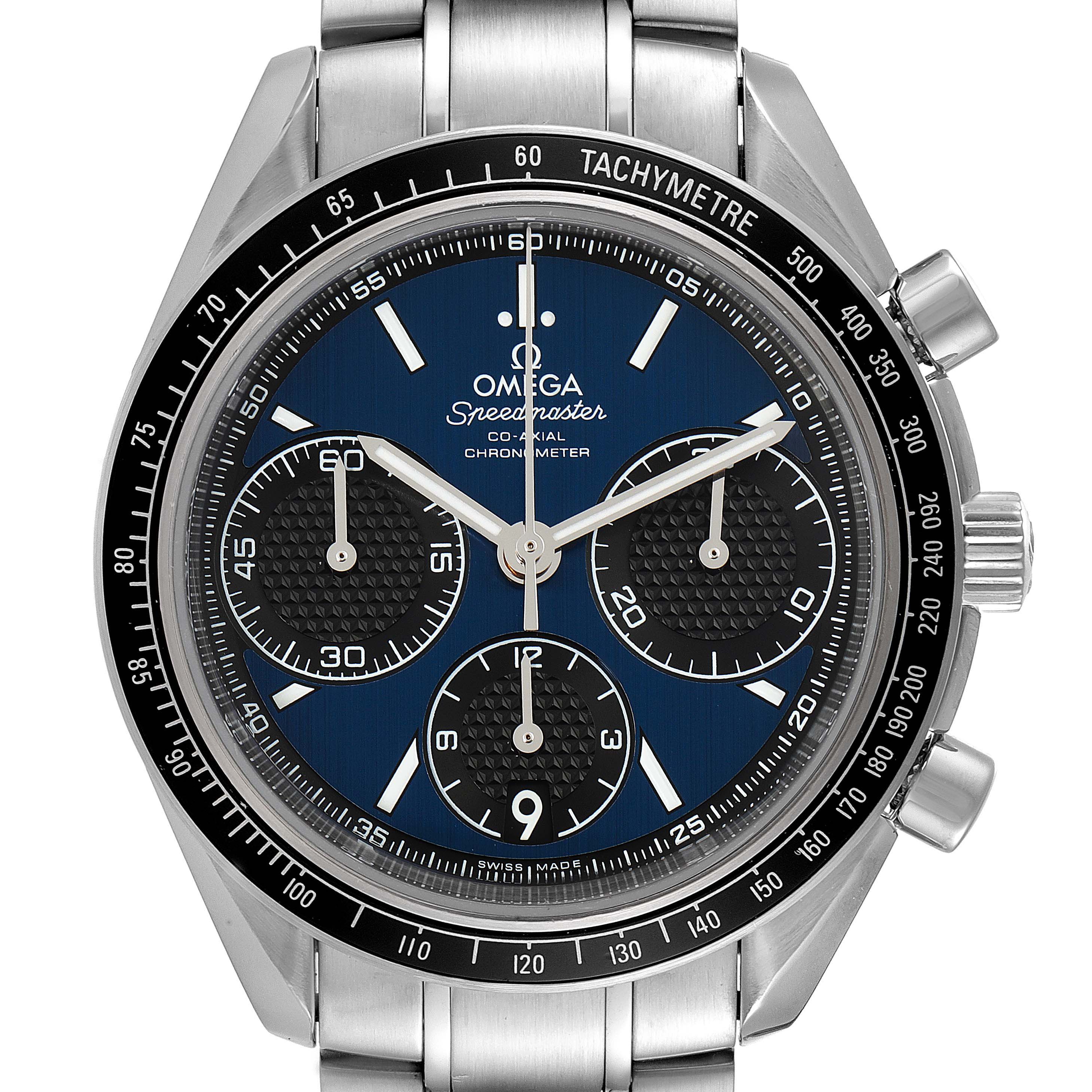 The image shows the face of an Omega Speedmaster 326.30.40.50.03.001 Men
s Stainless Steel Blue Dial 326.30.40.50.03.001 Men
s Stainless Steel Blue Dial watch with a tachymeter bezel, sub-dials, and a stainless steel bracelet.