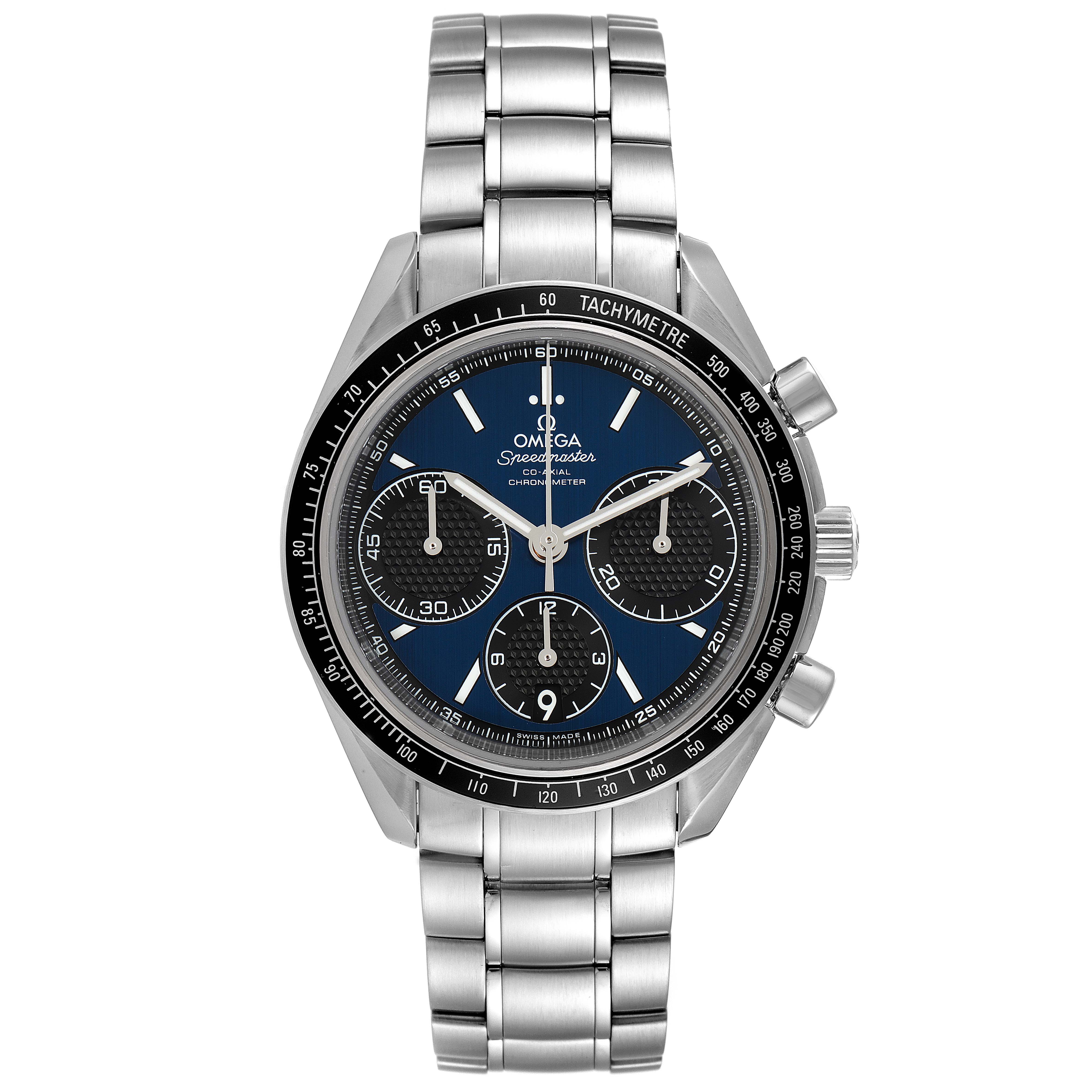 The image shows a front view of an Omega Speedmaster 326.30.40.50.03.001 Men
s Stainless Steel Blue Dial 326.30.40.50.03.001 Men
s Stainless Steel Blue Dial watch, highlighting its dial, tachymeter bezel, and bracelet.