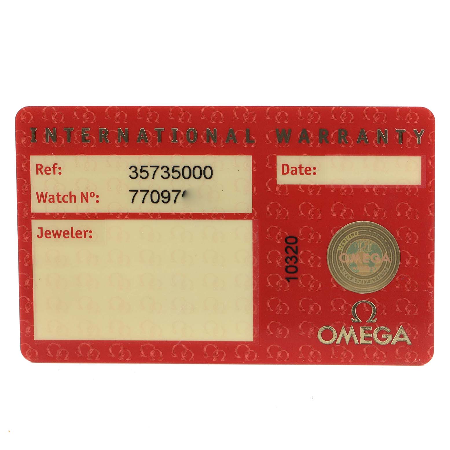 This image shows the international warranty card for the Omega Speedmaster 3573.50.00 Men
s Stainless Steel Black Dial 3573.50.00 Men
s Stainless Steel Black Dial watch model.