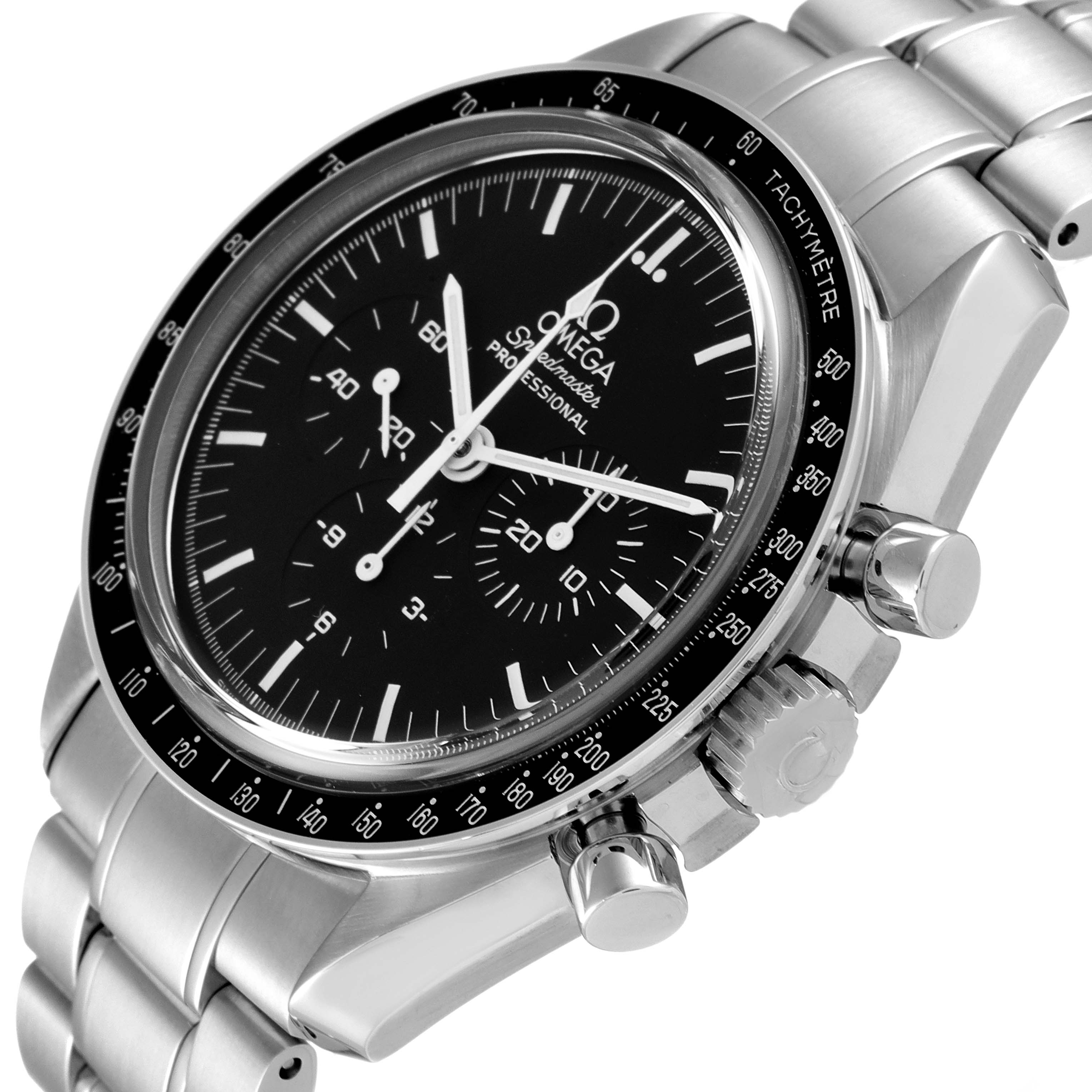 The Omega Speedmaster 3573.50.00 Men
s Stainless Steel Black Dial 3573.50.00 Men
s Stainless Steel Black Dial watch is shown at an angle displaying its face, bezel, crown, and stainless steel bracelet.