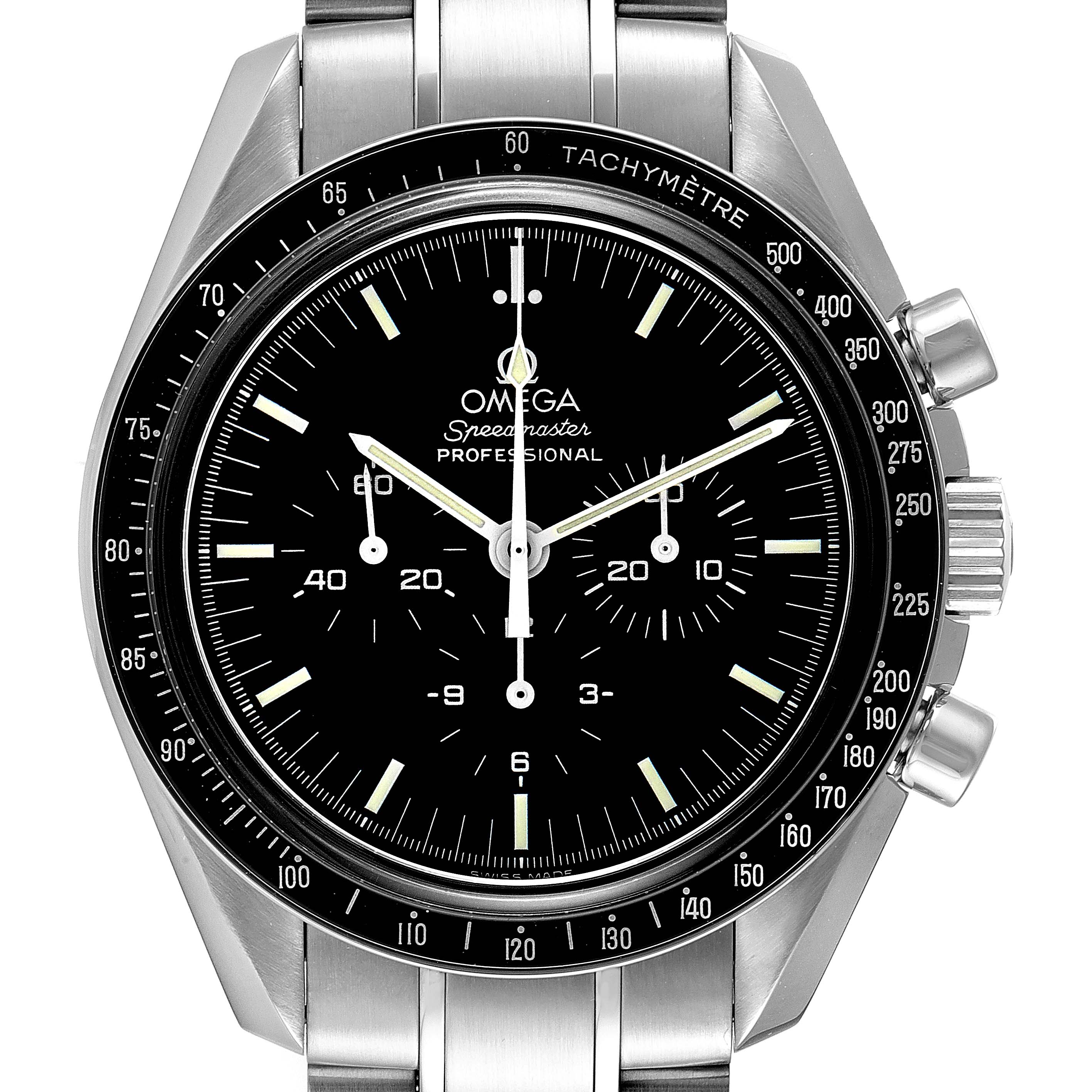 The image shows a front view of an Omega Speedmaster 3573.50.00 Men
s Stainless Steel Black Dial 3573.50.00 Men
s Stainless Steel Black Dial Professional watch, displaying its black dial, tachymeter bezel, and stainless steel case.