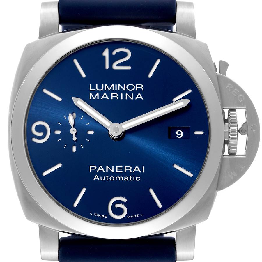 The Panerai Luminor watch is shown from the front, displaying the dial, hands, date window, and crown guard.