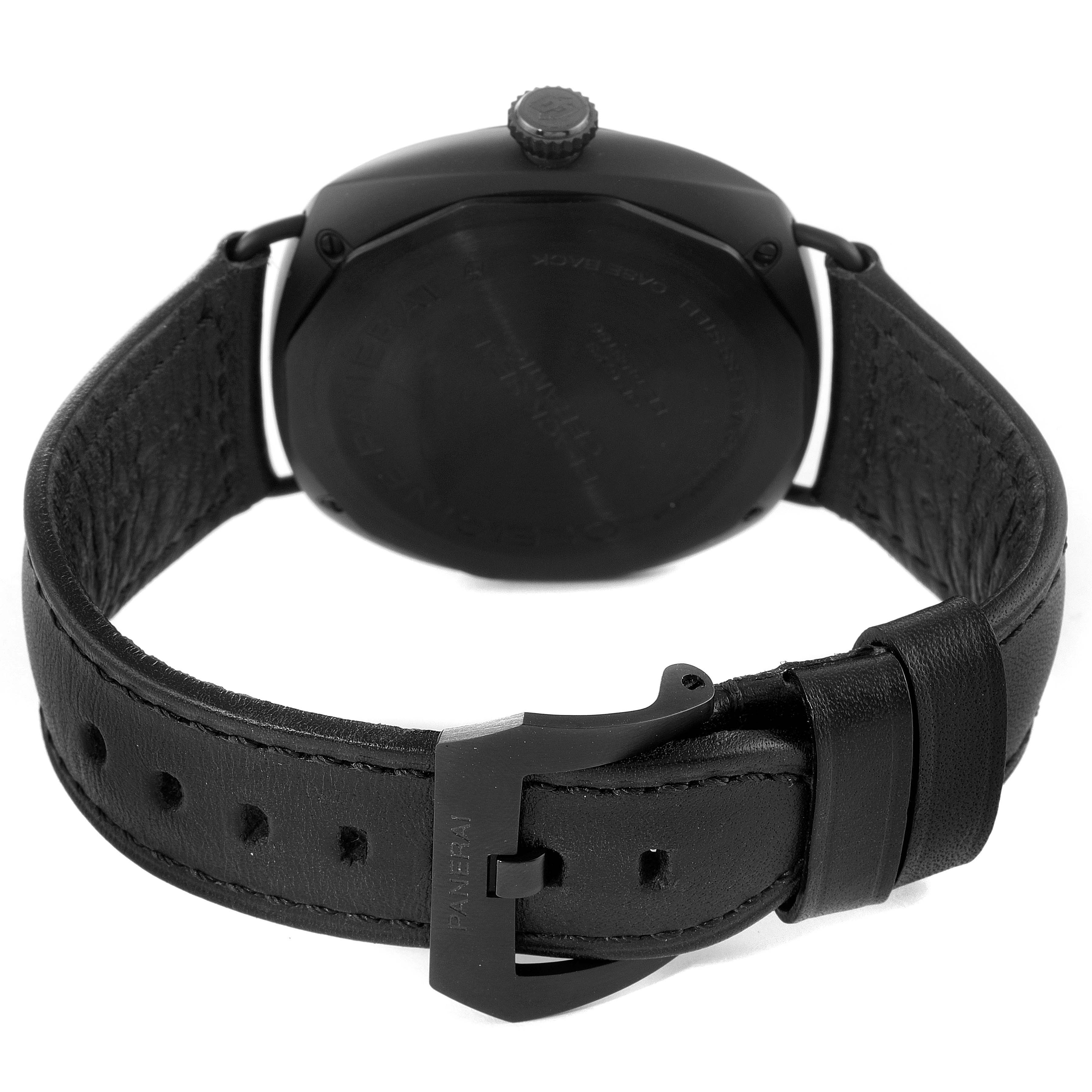 This image shows the rear view of a Panerai Radiomir PAM00292 Men's Ceramic Black Dial PAM00292 Men's Ceramic Black Dial watch, highlighting the back case, crown, and leather strap with the buckle.