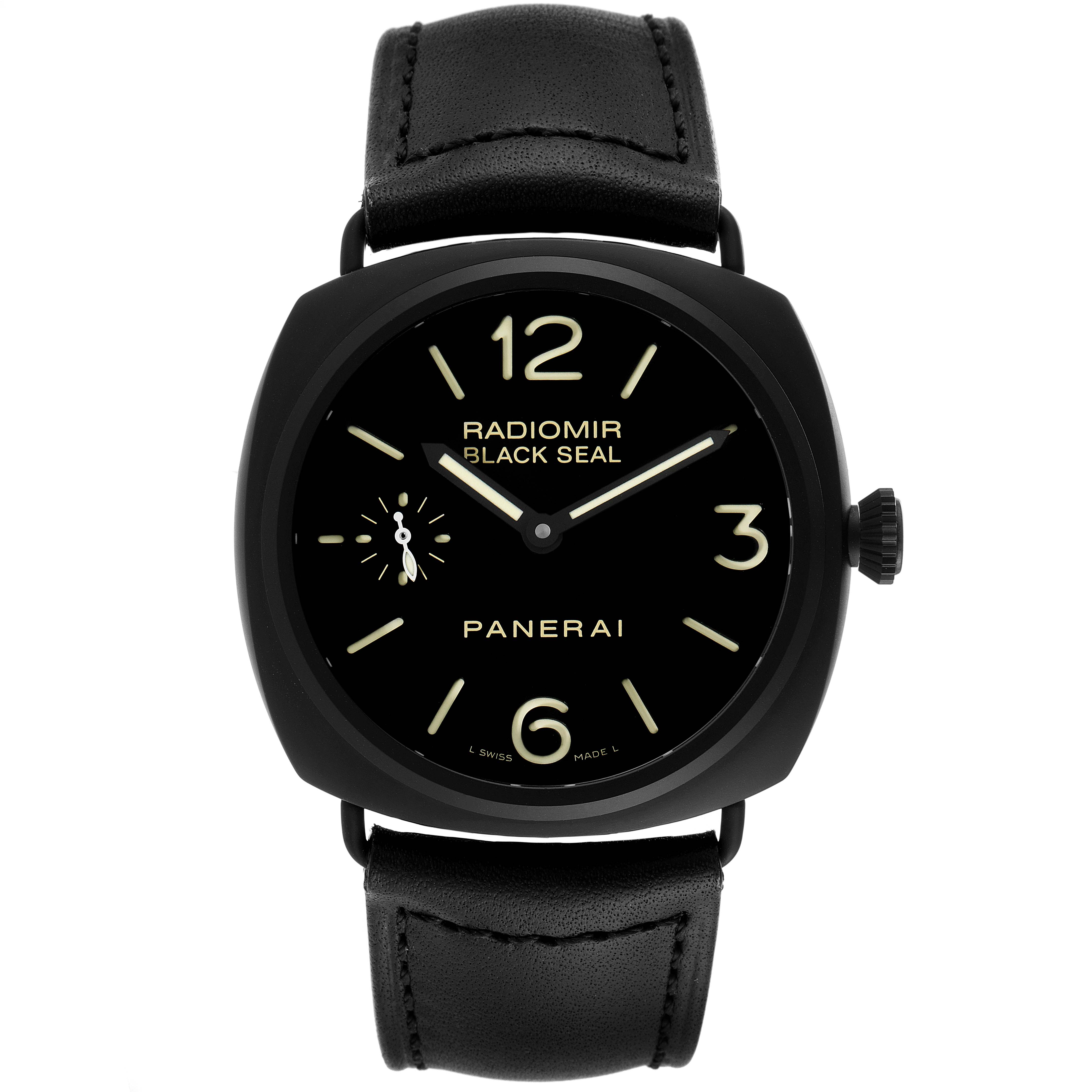 The image shows a frontal view of the Panerai Radiomir PAM00292 Men's Ceramic Black Dial PAM00292 Men's Ceramic Black Dial Black Seal watch, featuring its dial, strap, and crown.