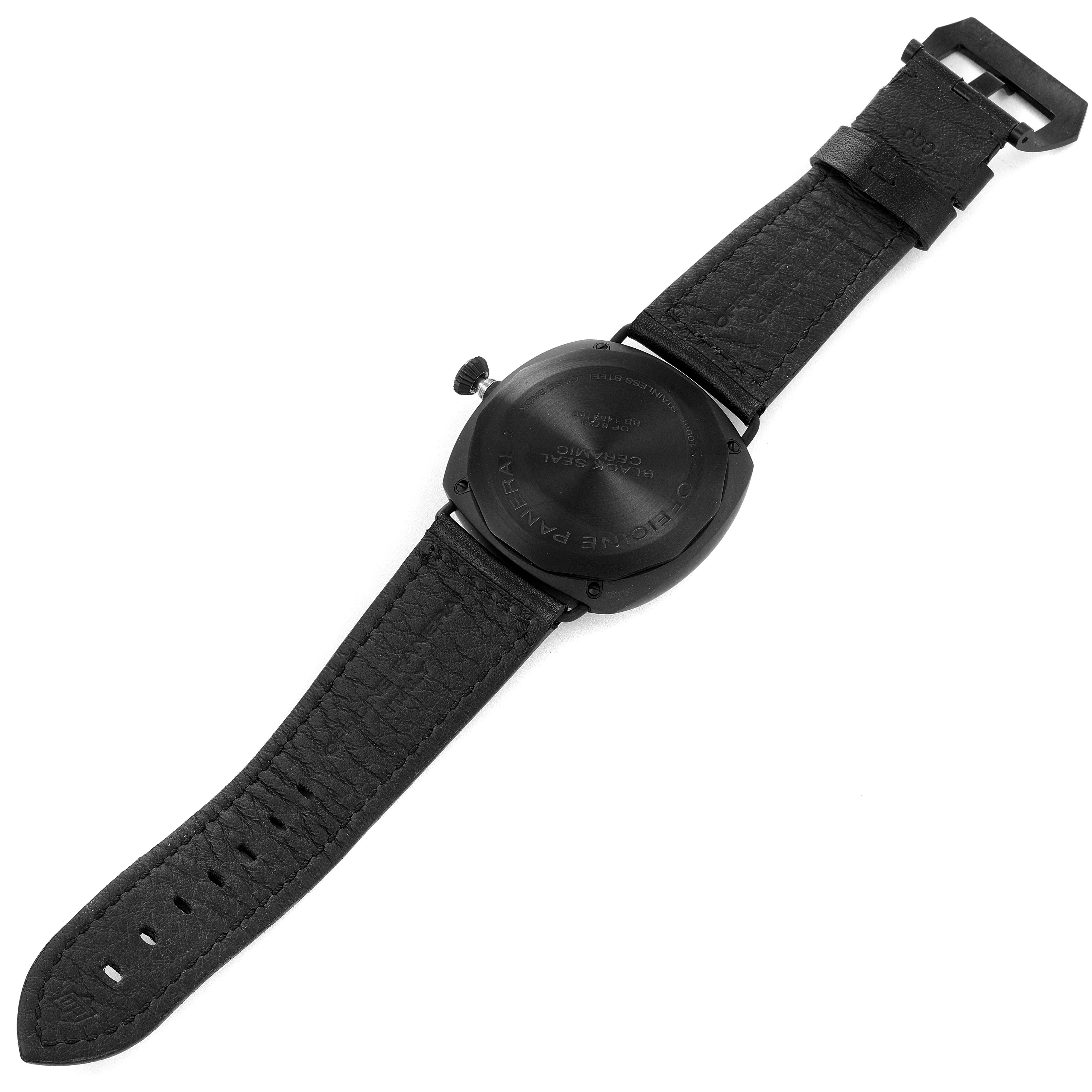 The image shows the back view of a Panerai Radiomir PAM00292 Men's Ceramic Black Dial PAM00292 Men's Ceramic Black Dial watch, displaying the case back, crown, and leather strap.