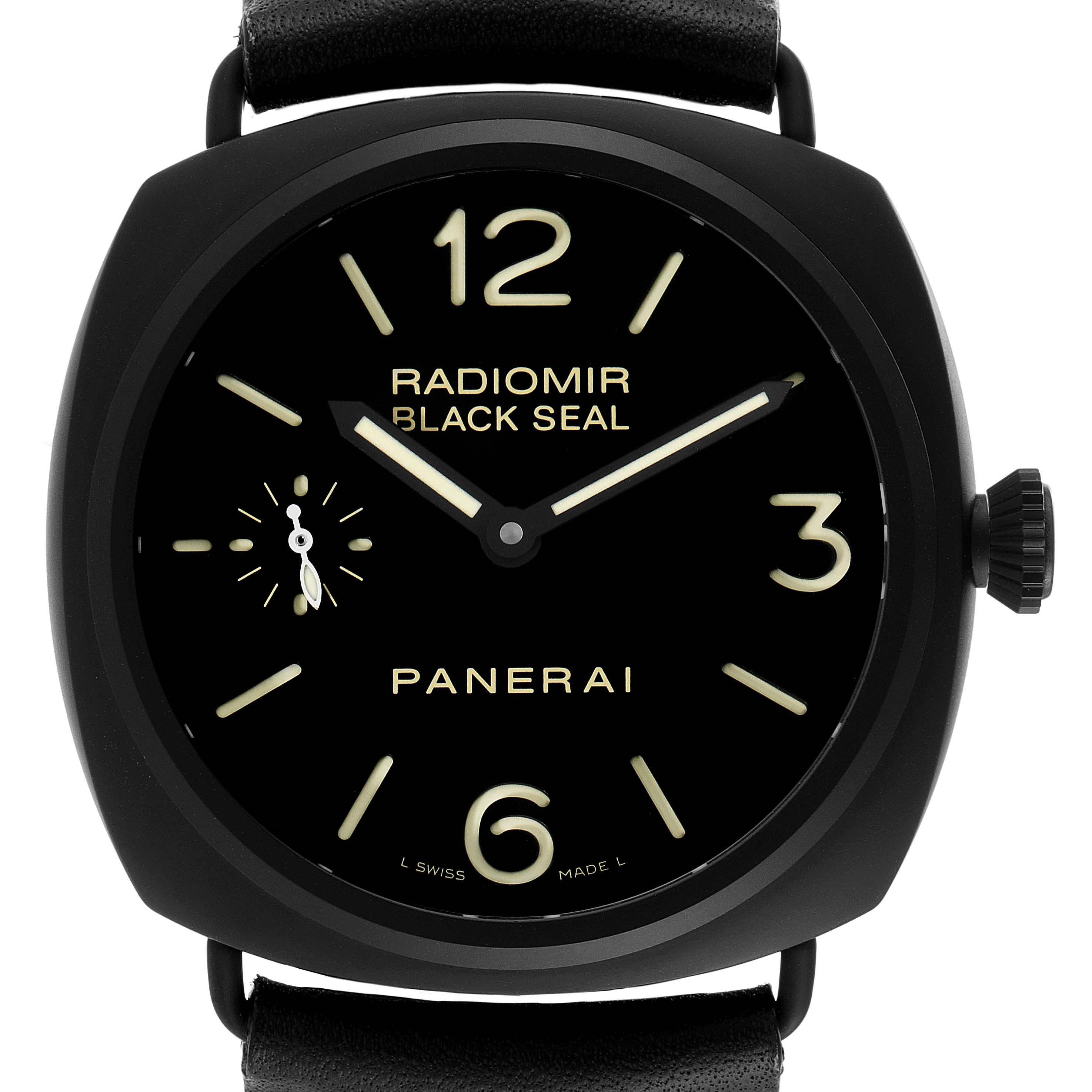 This Radiomir model by Panerai is shown from a front angle displaying its face, numbers, hands, and crown.