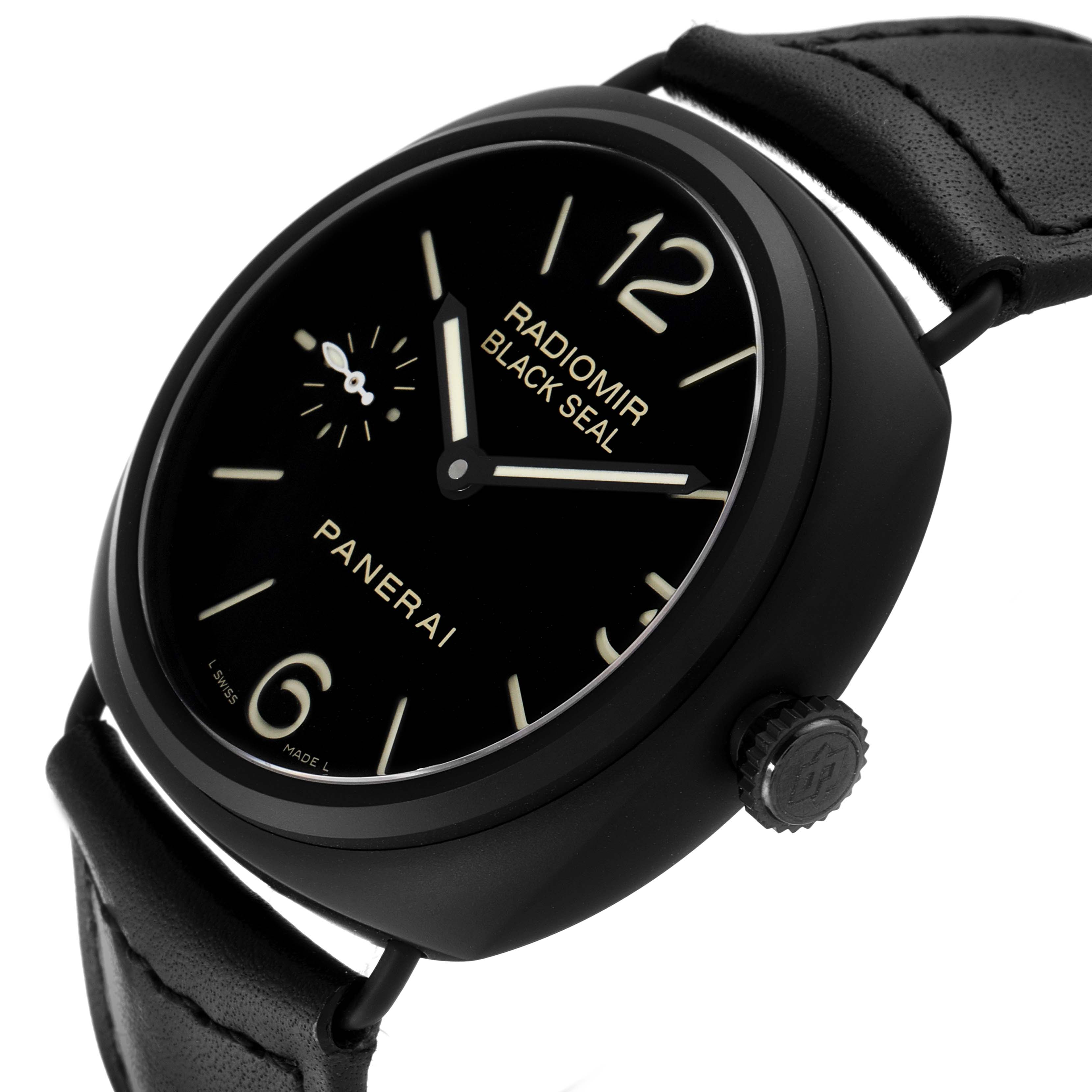 The image shows a front angle of the Panerai Radiomir PAM00292 Men's Ceramic Black Dial PAM00292 Men's Ceramic Black Dial Black Seal watch highlighting its face, crown, and strap.