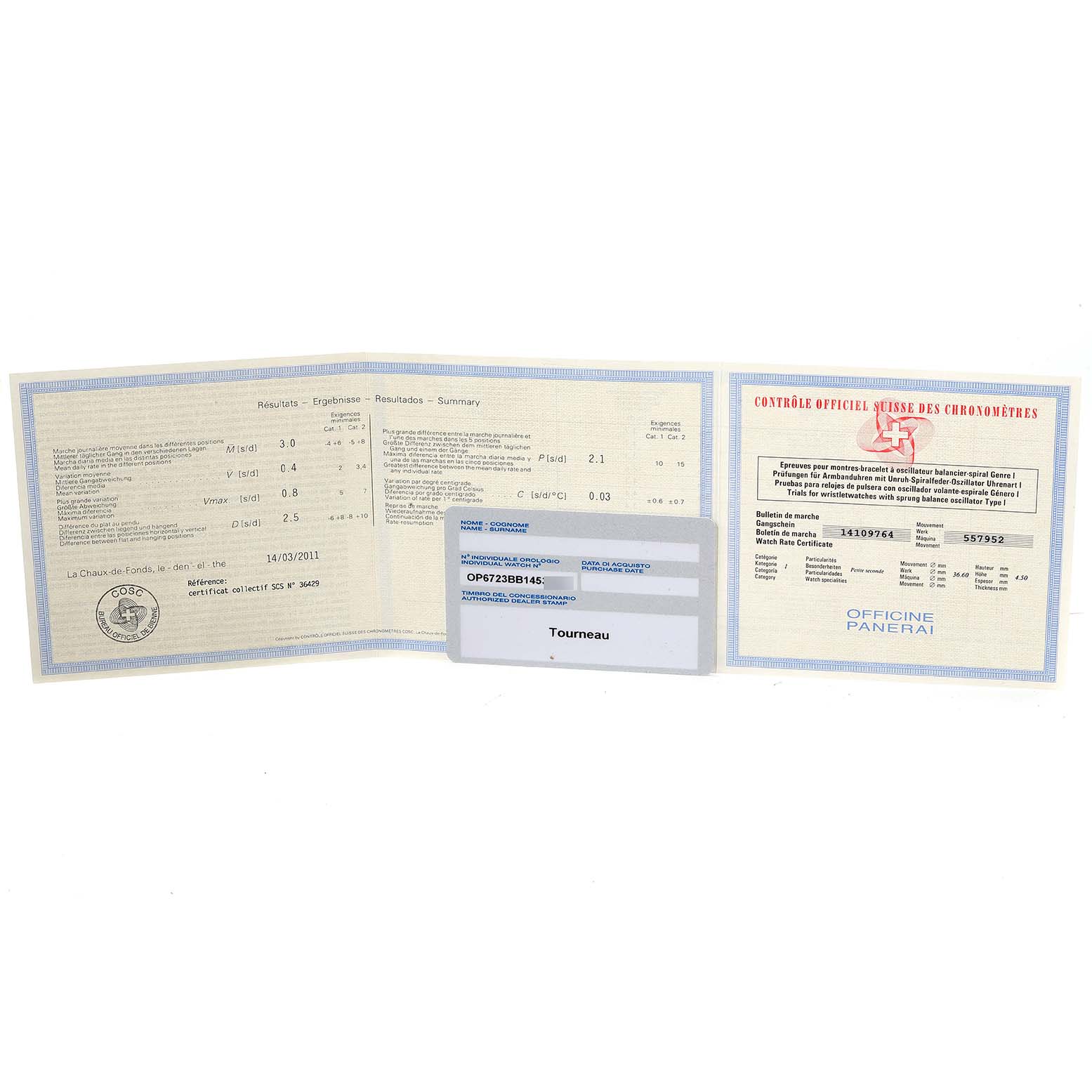 The image shows warranty and certification papers for a Panerai Radiomir PAM00292 Men's Ceramic Black Dial PAM00292 Men's Ceramic Black Dial watch, laid out flat and fully visible.