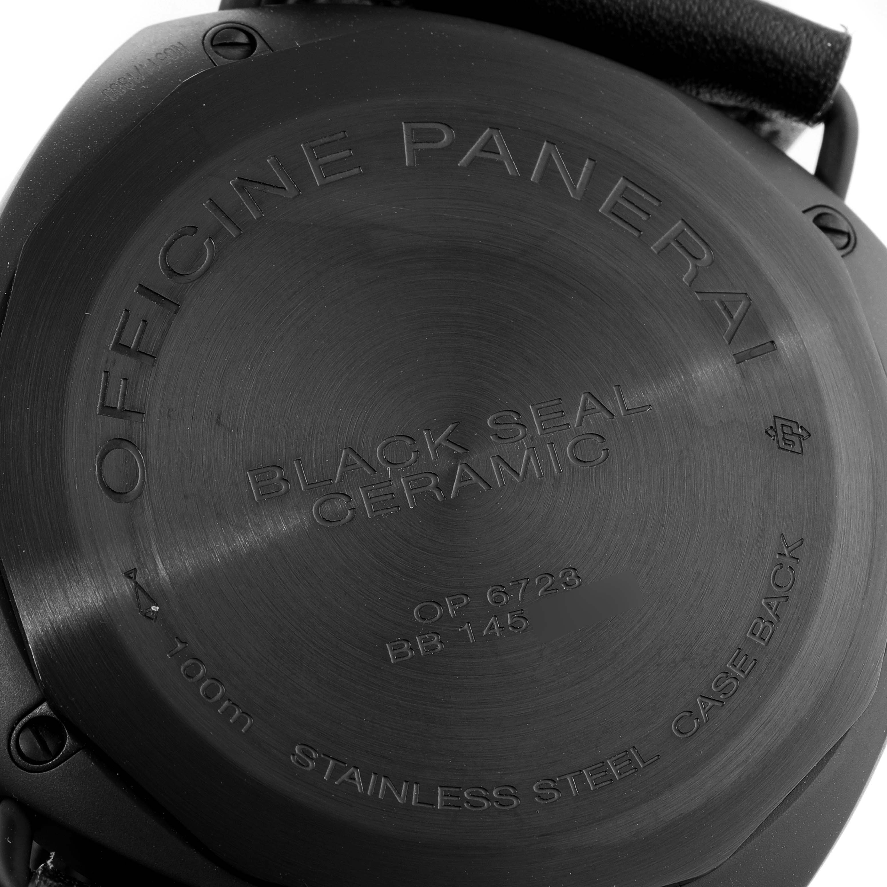The image shows the back case of a Radiomir Black Seal Ceramic watch by Panerai with engraved details.