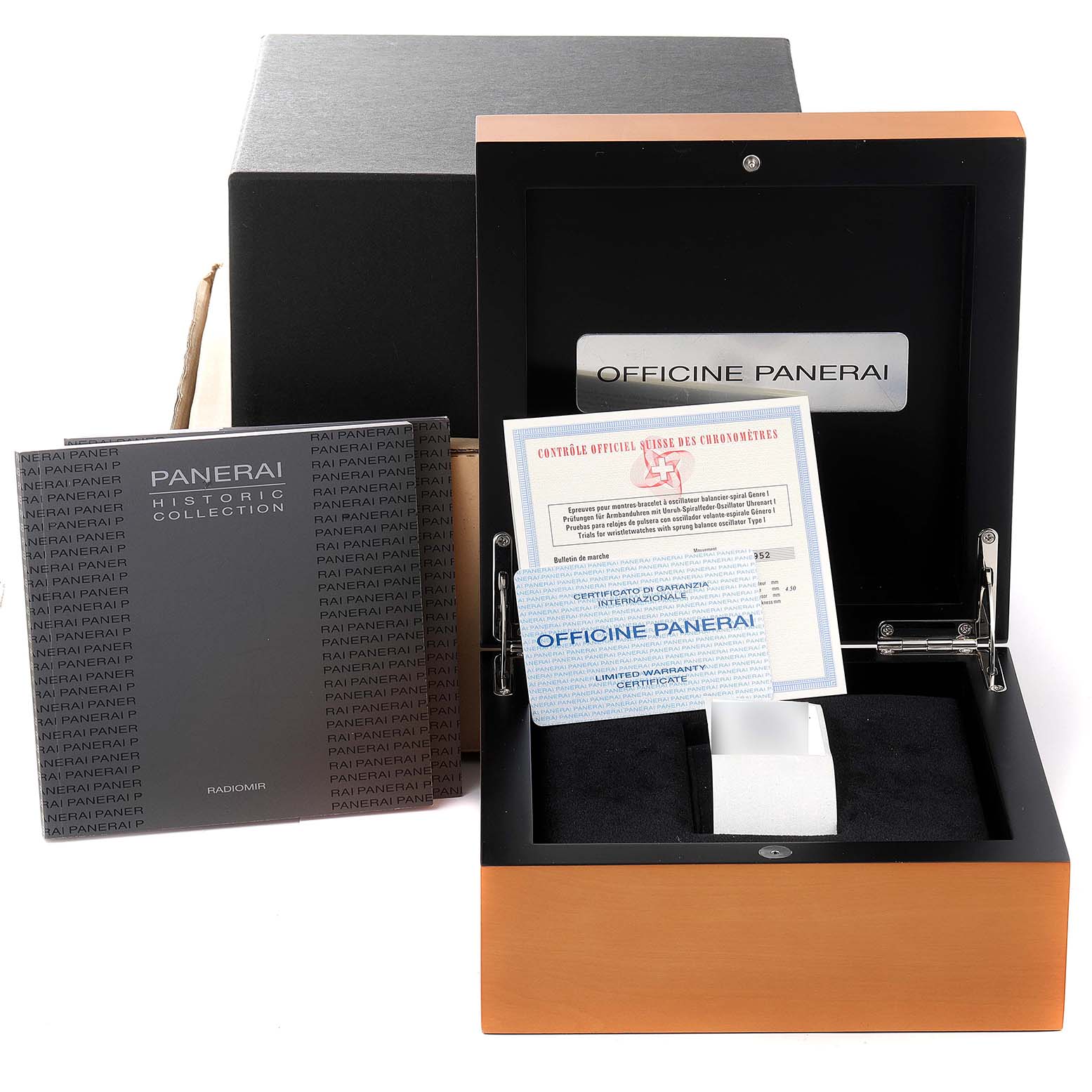 The image shows the packaging, warranty card, and manual for the Panerai Radiomir PAM00292 Men's Ceramic Black Dial PAM00292 Men's Ceramic Black Dial watch, displayed in an open box.