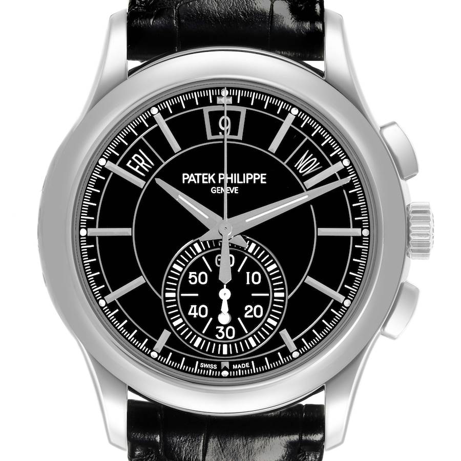 The Patek Philippe Complications watch is shown from the front, displaying the face, dial, sub-dial, and date indicators.