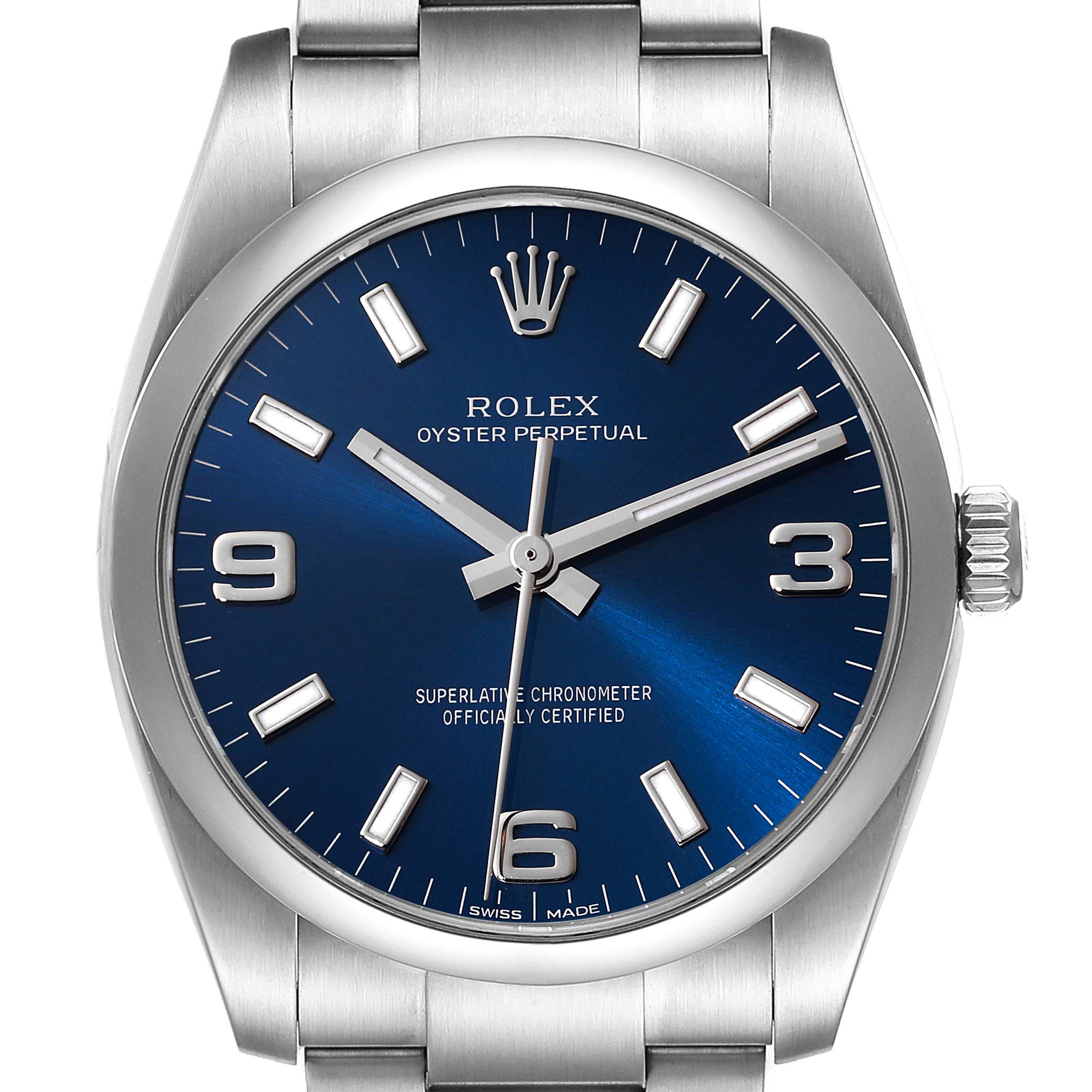 This image shows a front view of the Rolex Air-King 114200 Men's Stainless Steel Blue Dial 114200 Men's Stainless Steel Blue Dial watch, highlighting its blue dial, hour markers, hands, and bracelet.