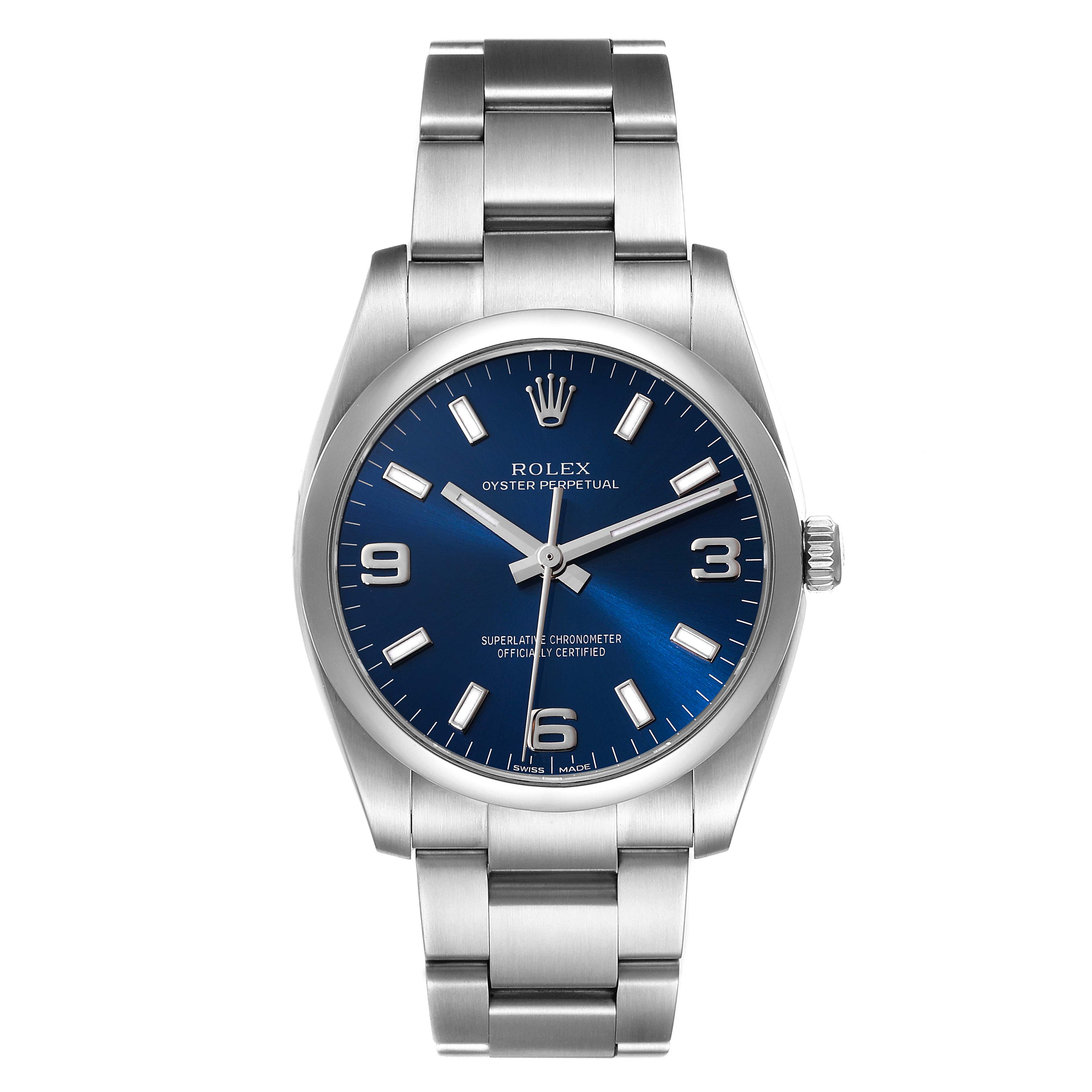 The image shows a front view of the Rolex Air-King 114200 Men's Stainless Steel Blue Dial 114200 Men's Stainless Steel Blue Dial watch, including its dial, bracelet, and crown.
