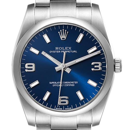 Photo of Rolex Air King Blue Dial Smooth Bezel Steel Mens Watch 114200 Box Card
