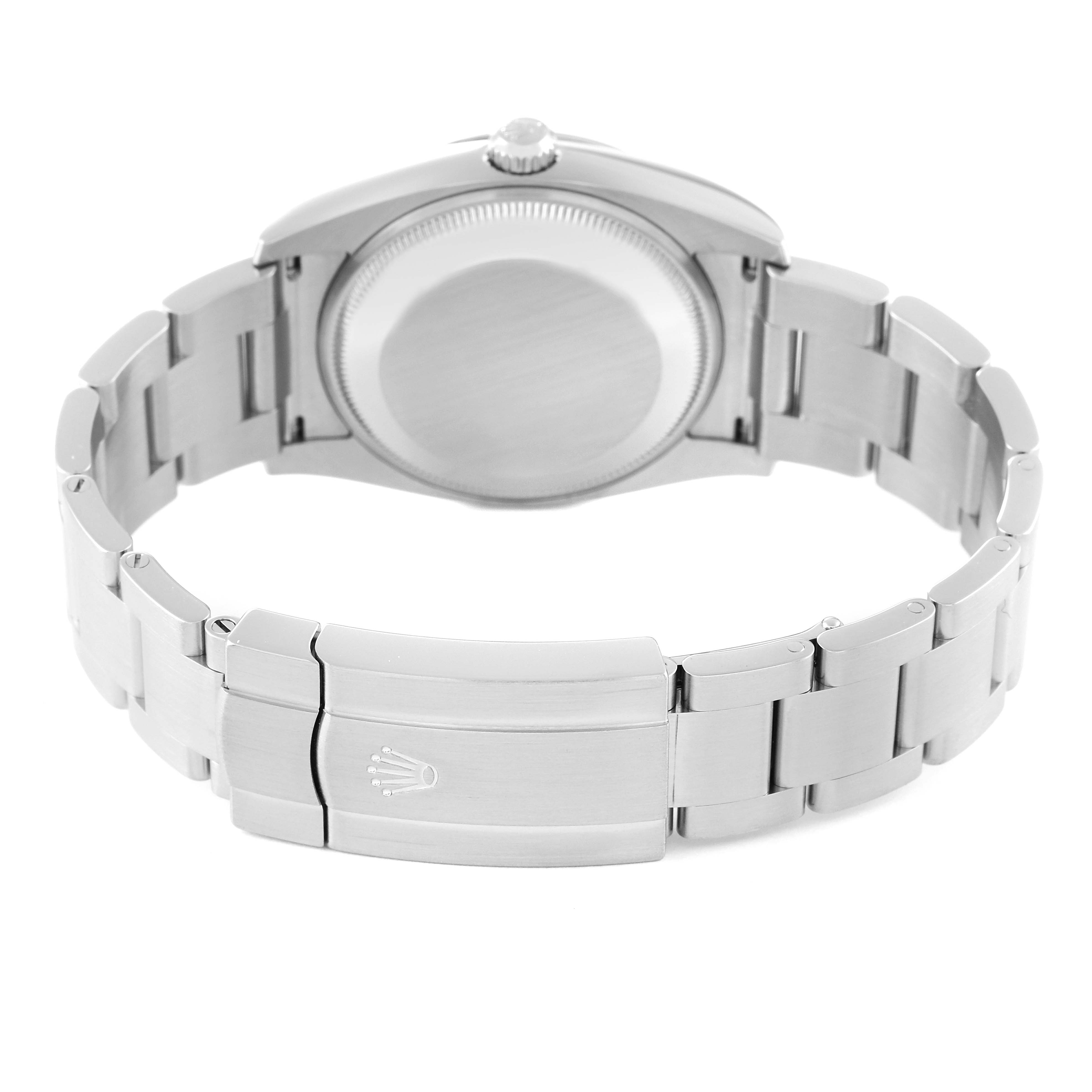 The image shows the back case and bracelet clasp of a Rolex Air-King 114200 Men's Stainless Steel Blue Dial 114200 Men's Stainless Steel Blue Dial watch.