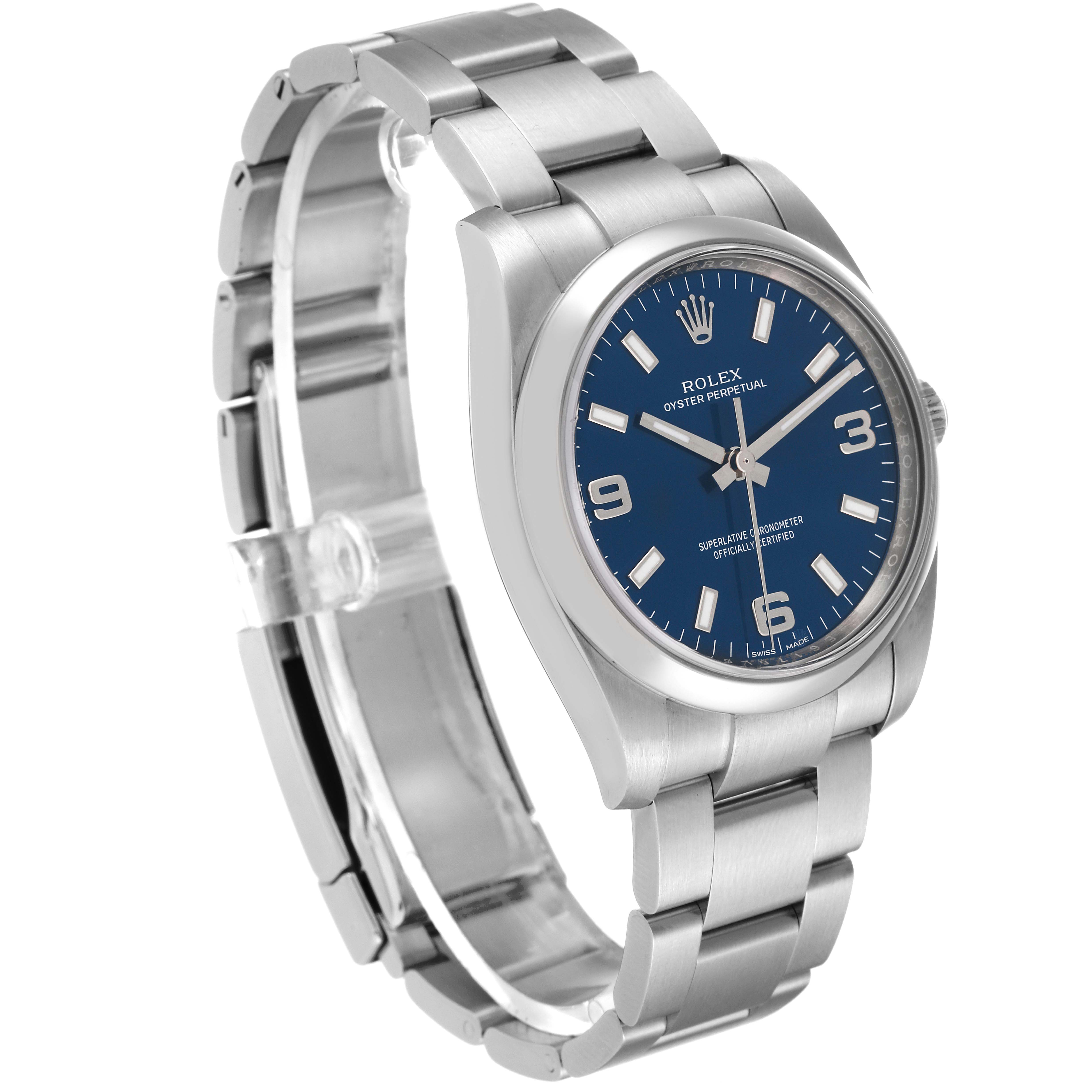 The image shows a side angle view of a Rolex Air-King 114200 Men's Stainless Steel Blue Dial 114200 Men's Stainless Steel Blue Dial watch, highlighting its face, bezel, and band.