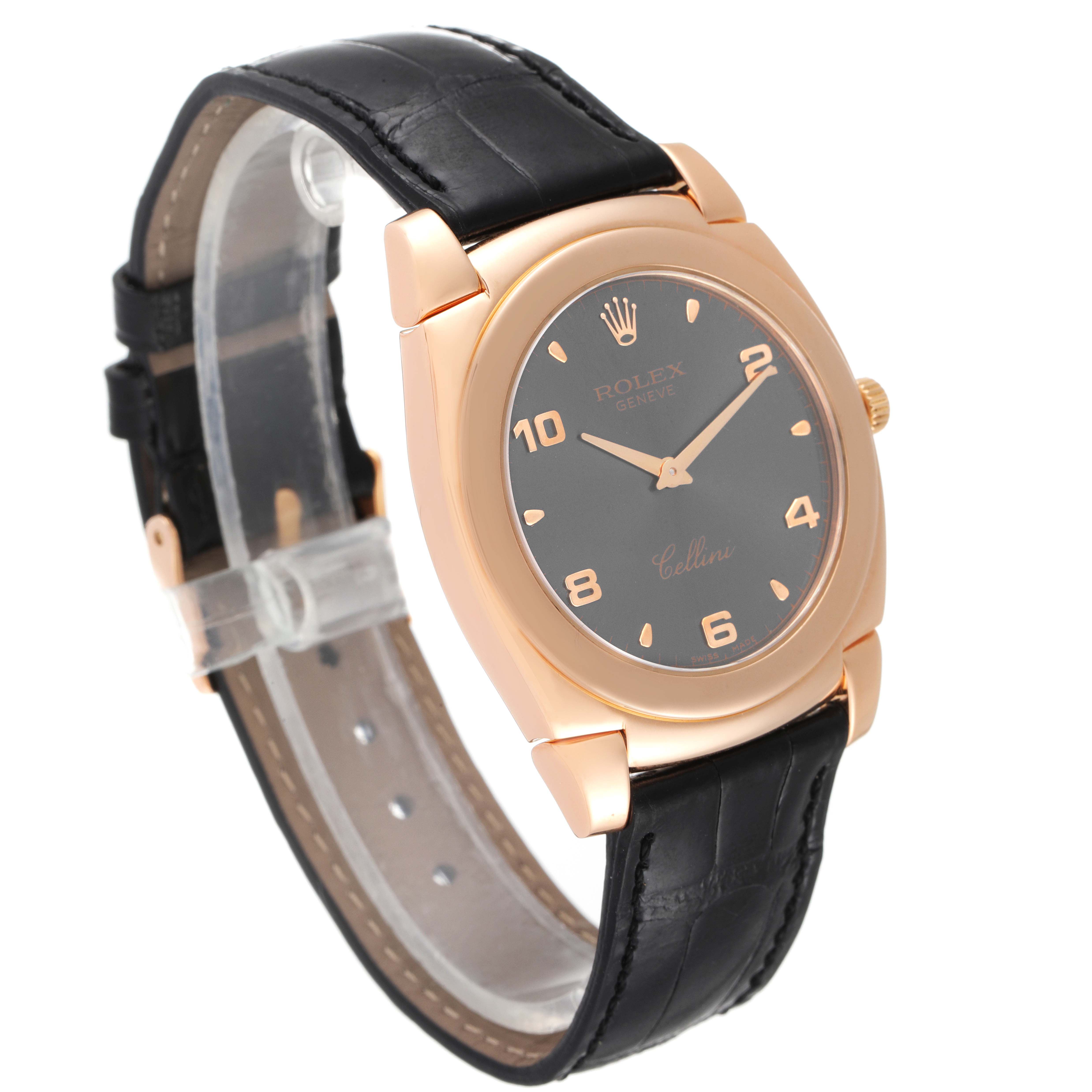 This Rolex Cellini 5330 Men's Rose Gold Grey Dial 5330 Men's Rose Gold Grey Dial watch is shown at an angle highlighting the face, rose gold case, black leather strap, and crown.