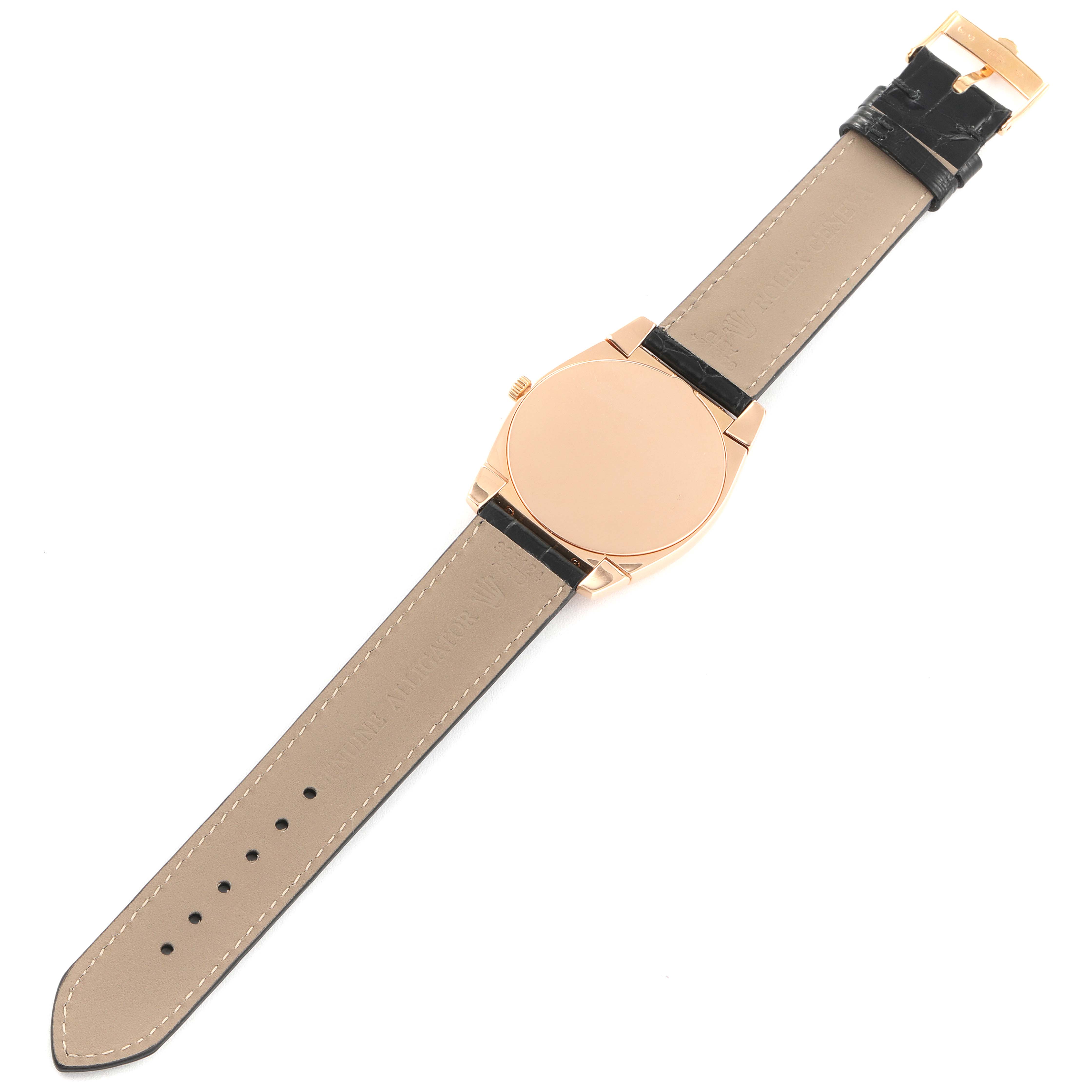 The Rolex Cellini 5330 Men's Rose Gold Grey Dial 5330 Men's Rose Gold Grey Dial watch is shown from the back, displaying its case, crown, and full leather strap with the buckle.