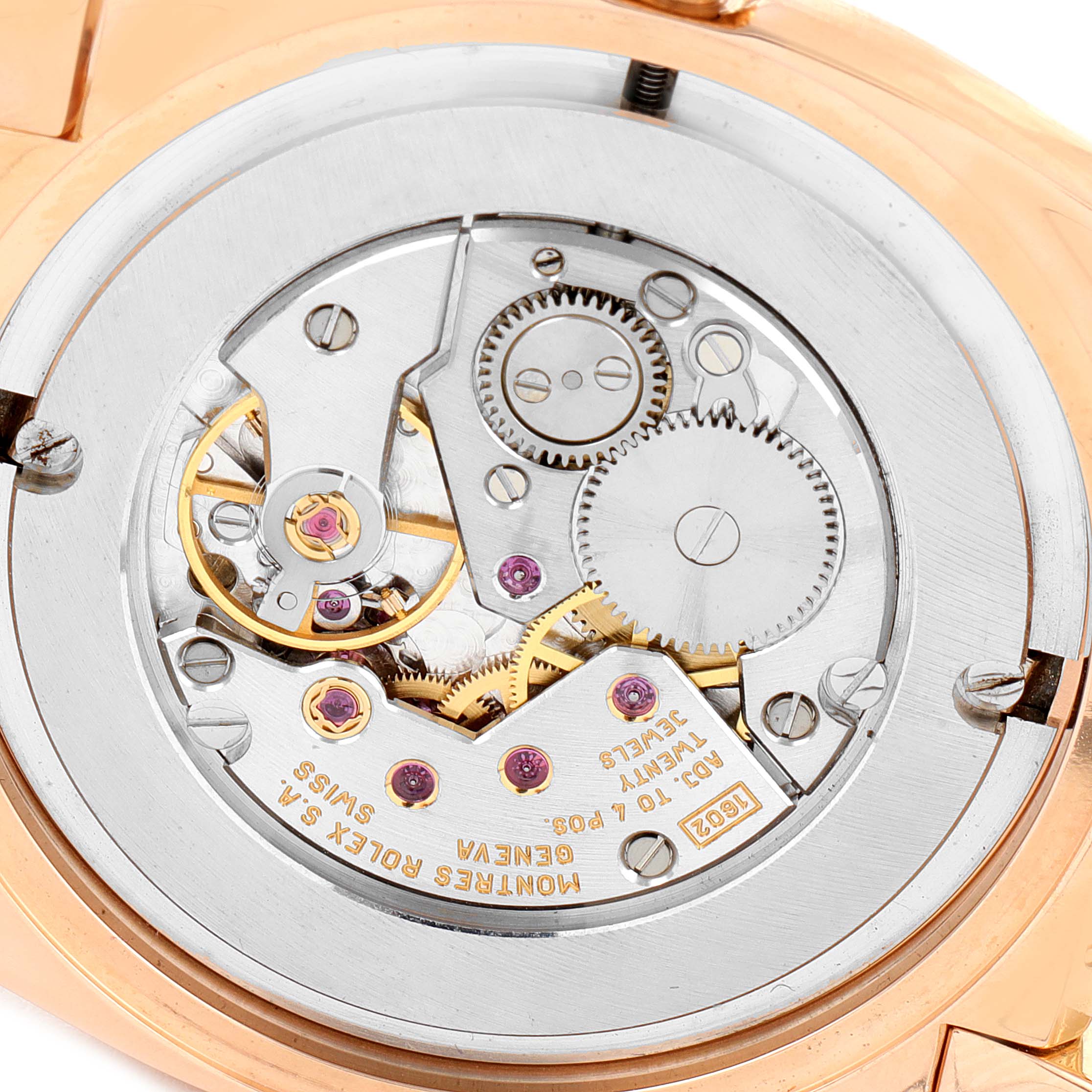 This image shows a close-up view of the movement mechanism inside a Rolex Cellini 5330 Men's Rose Gold Grey Dial 5330 Men's Rose Gold Grey Dial watch.