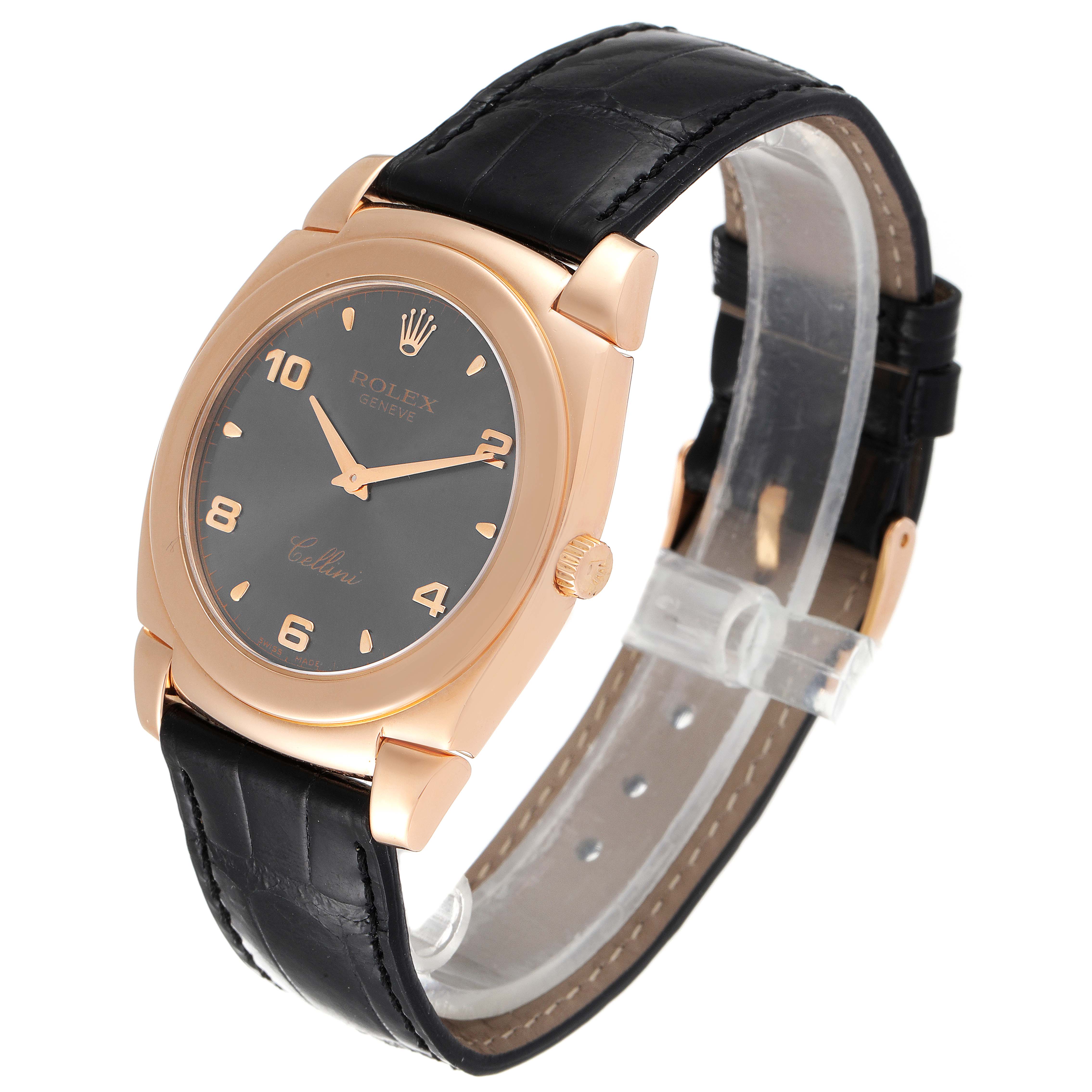 The Rolex Cellini 5330 Men's Rose Gold Grey Dial 5330 Men's Rose Gold Grey Dial watch is shown at a slight angle revealing its face, black leather strap, crown, and rose gold case.