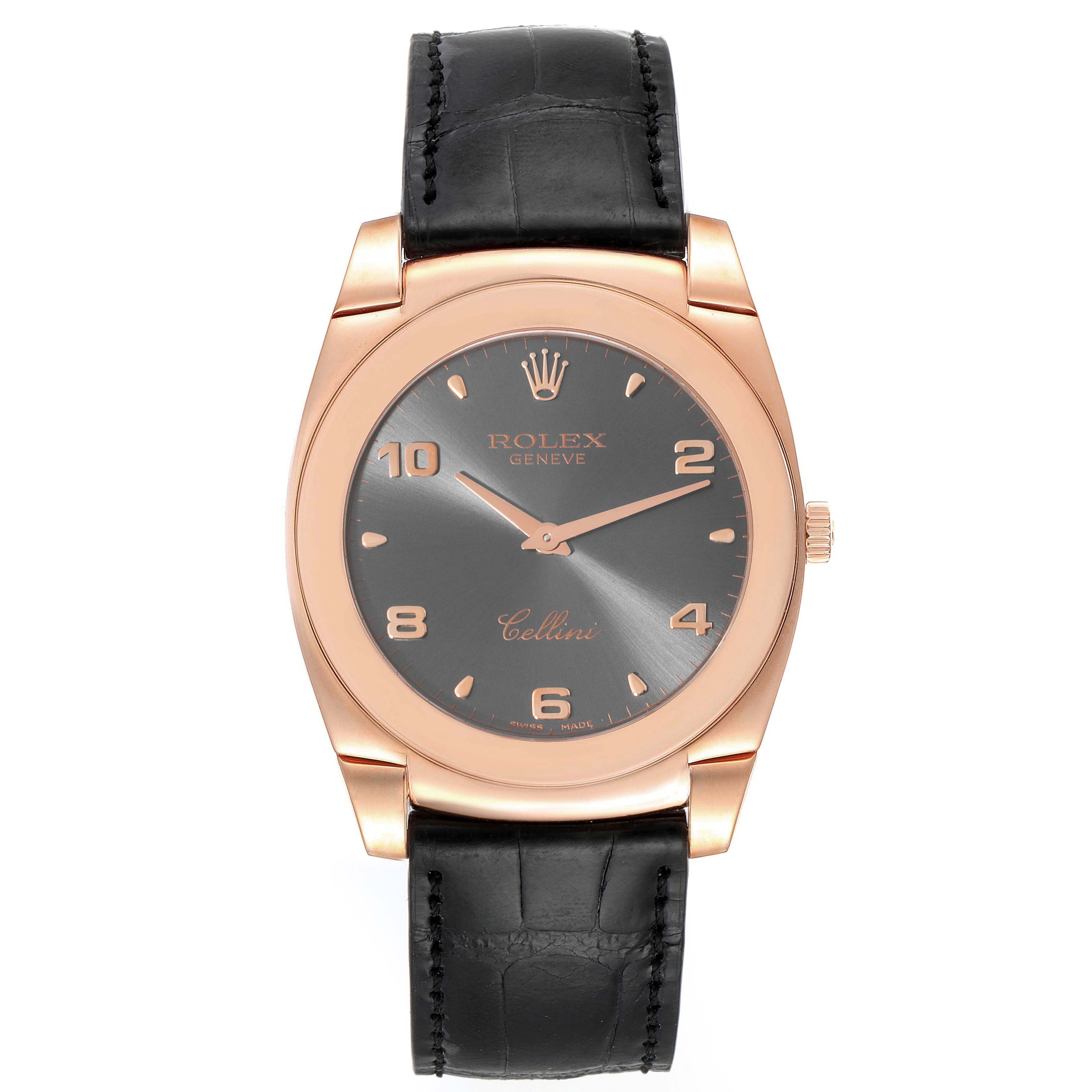 The image shows a front view of a Rolex Cellini 5330 Men's Rose Gold Grey Dial 5330 Men's Rose Gold Grey Dial watch, highlighting the dial, hands, case, and black leather strap.