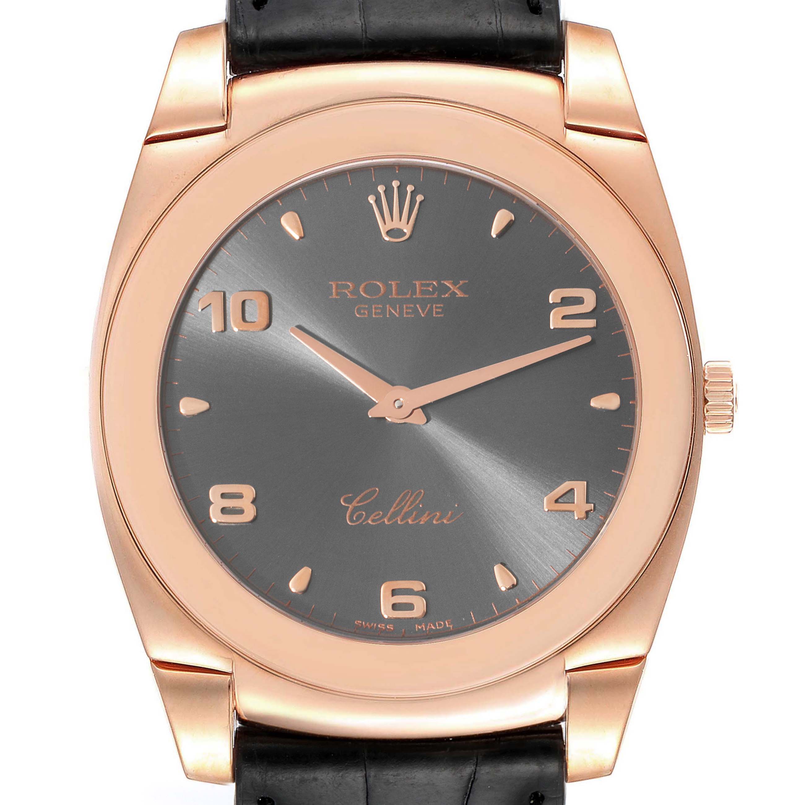 This image shows a front view of a Rolex Cellini 5330 Men's Rose Gold Grey Dial 5330 Men's Rose Gold Grey Dial watch, highlighting its black dial, rose gold case, and crown, with a black leather strap.