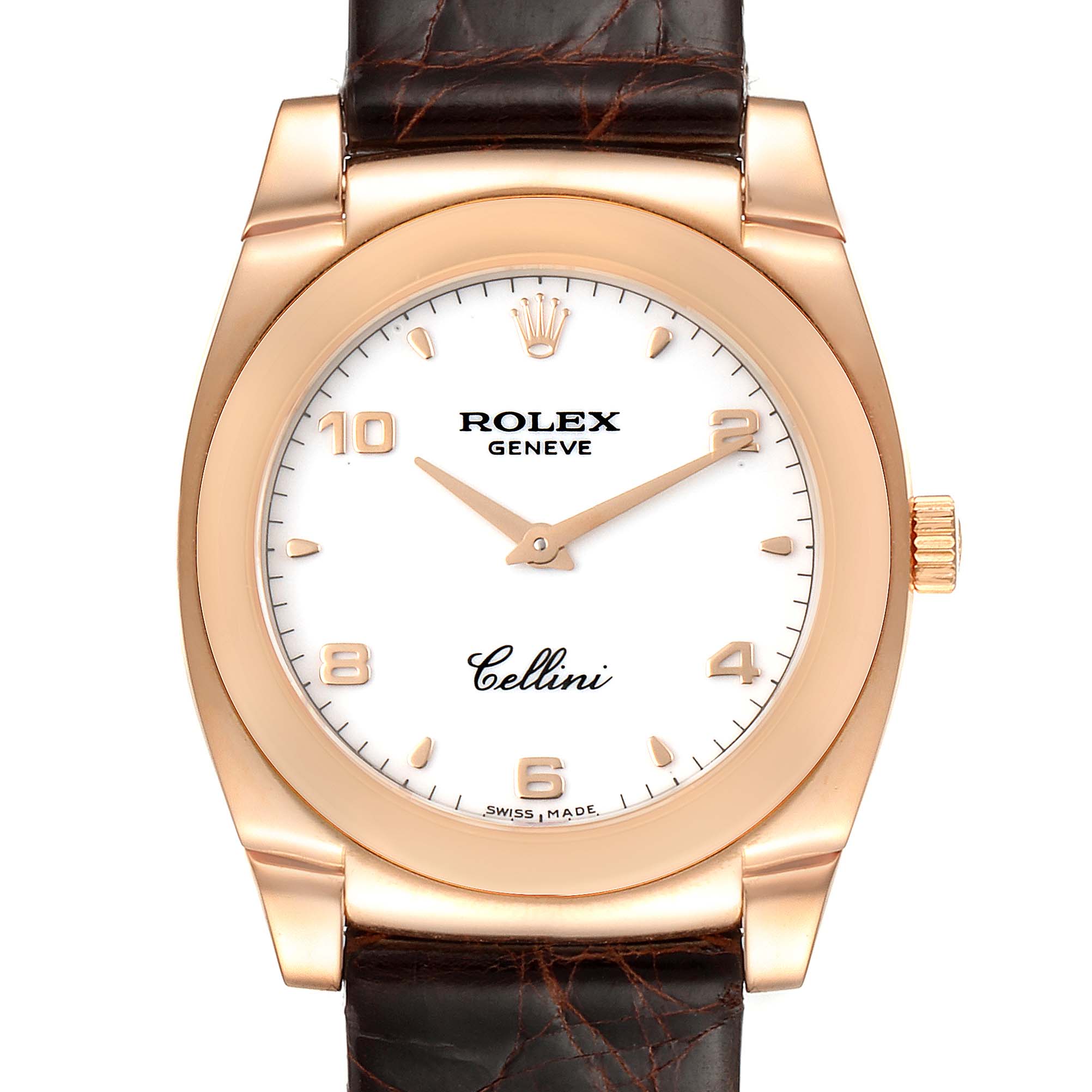 This image shows a front view of a Rolex Cellini 5320 Women's Rose Gold White Dial 5320 Women's Rose Gold White Dial watch, including its dial, hands, crown, bezel, and part of the leather strap.