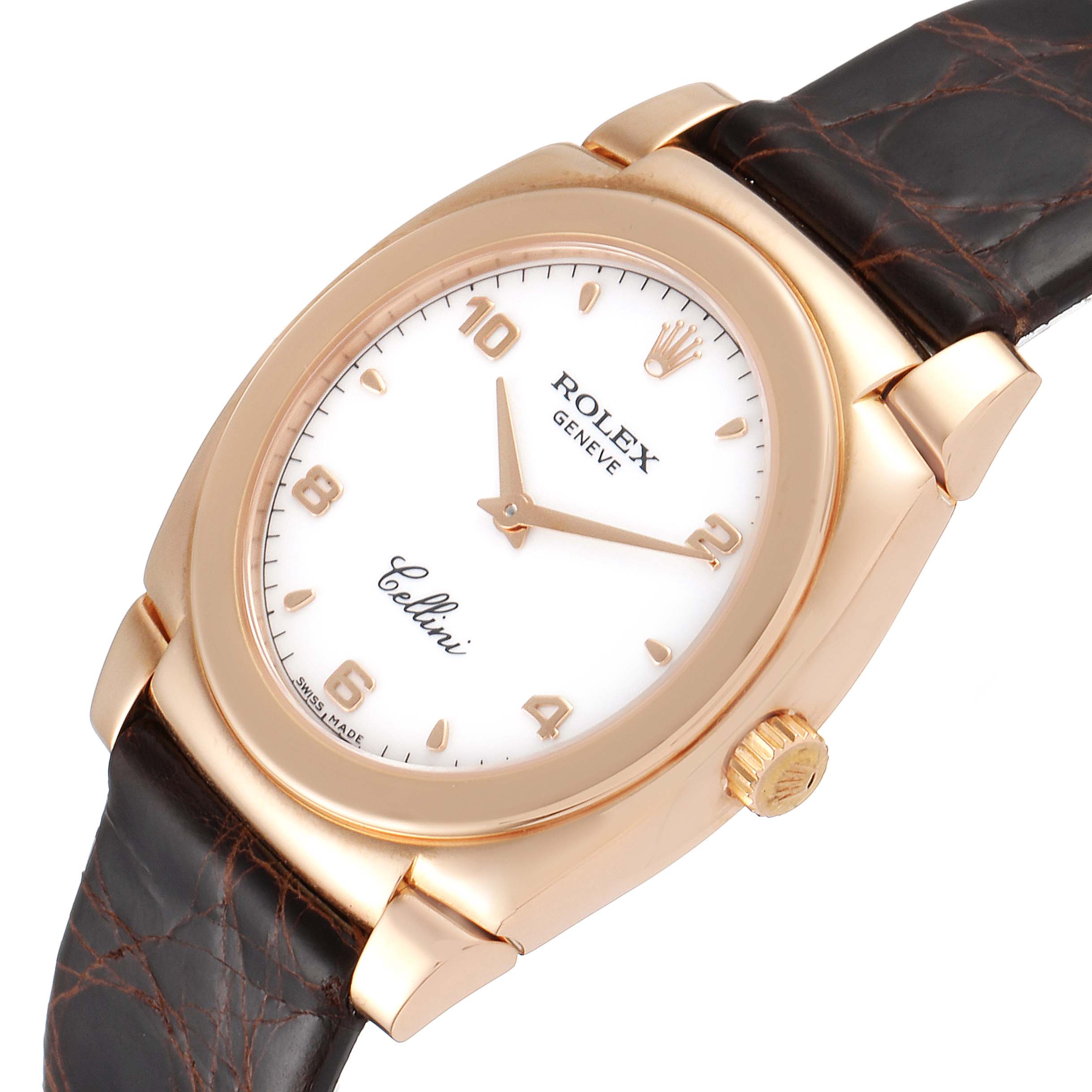 This image shows a Rolex Cellini 5320 Women's Rose Gold White Dial 5320 Women's Rose Gold White Dial watch angled slightly to display the dial, crown, and part of the leather strap.