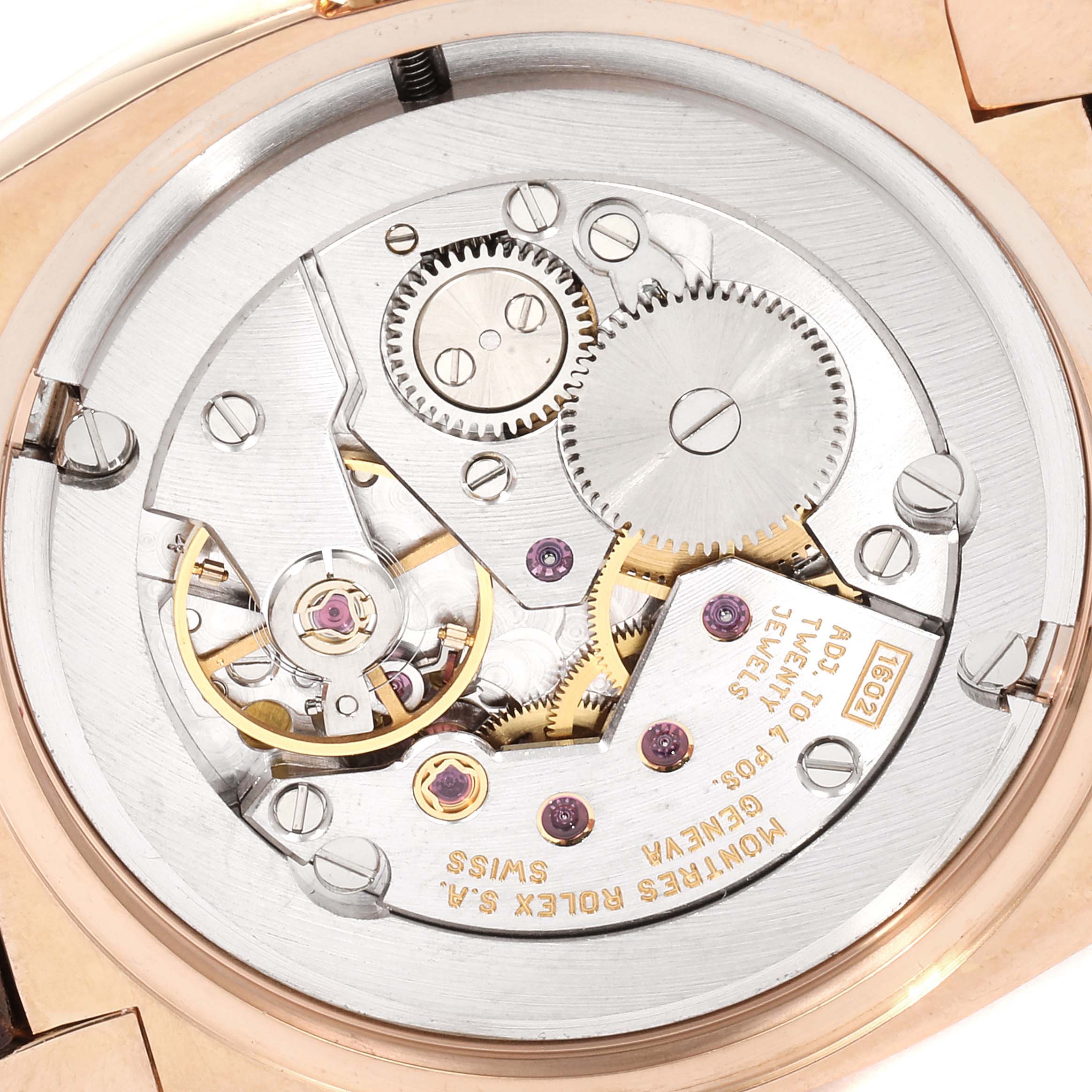 This image shows the internal mechanical movement and gears of a Rolex Cellini 5320 Women's Rose Gold White Dial 5320 Women's Rose Gold White Dial model watch from a close-up angle.