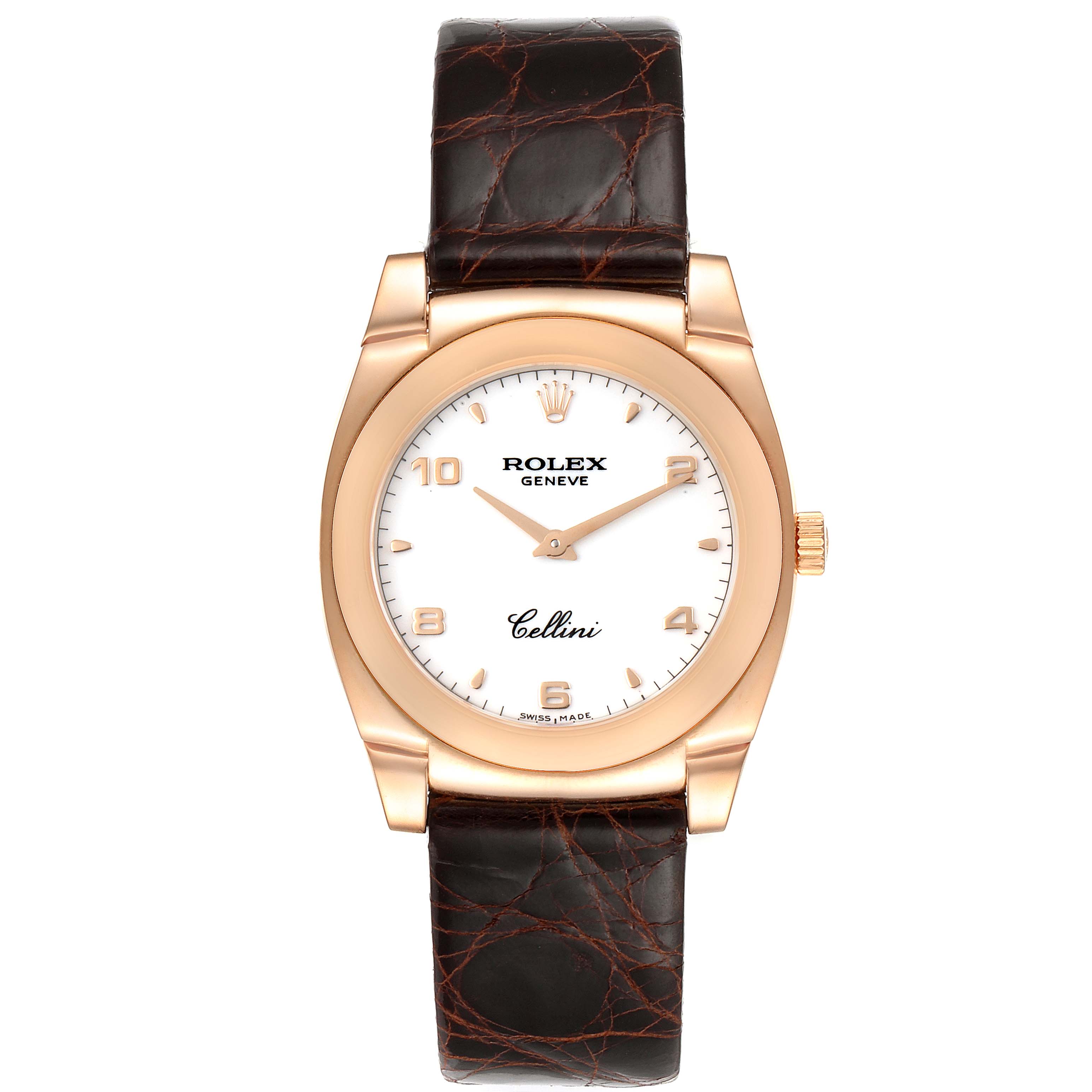 This image shows a frontal view of the Rolex Cellini 5320 Women's Rose Gold White Dial 5320 Women's Rose Gold White Dial model watch, displaying its face, dial, and leather strap.