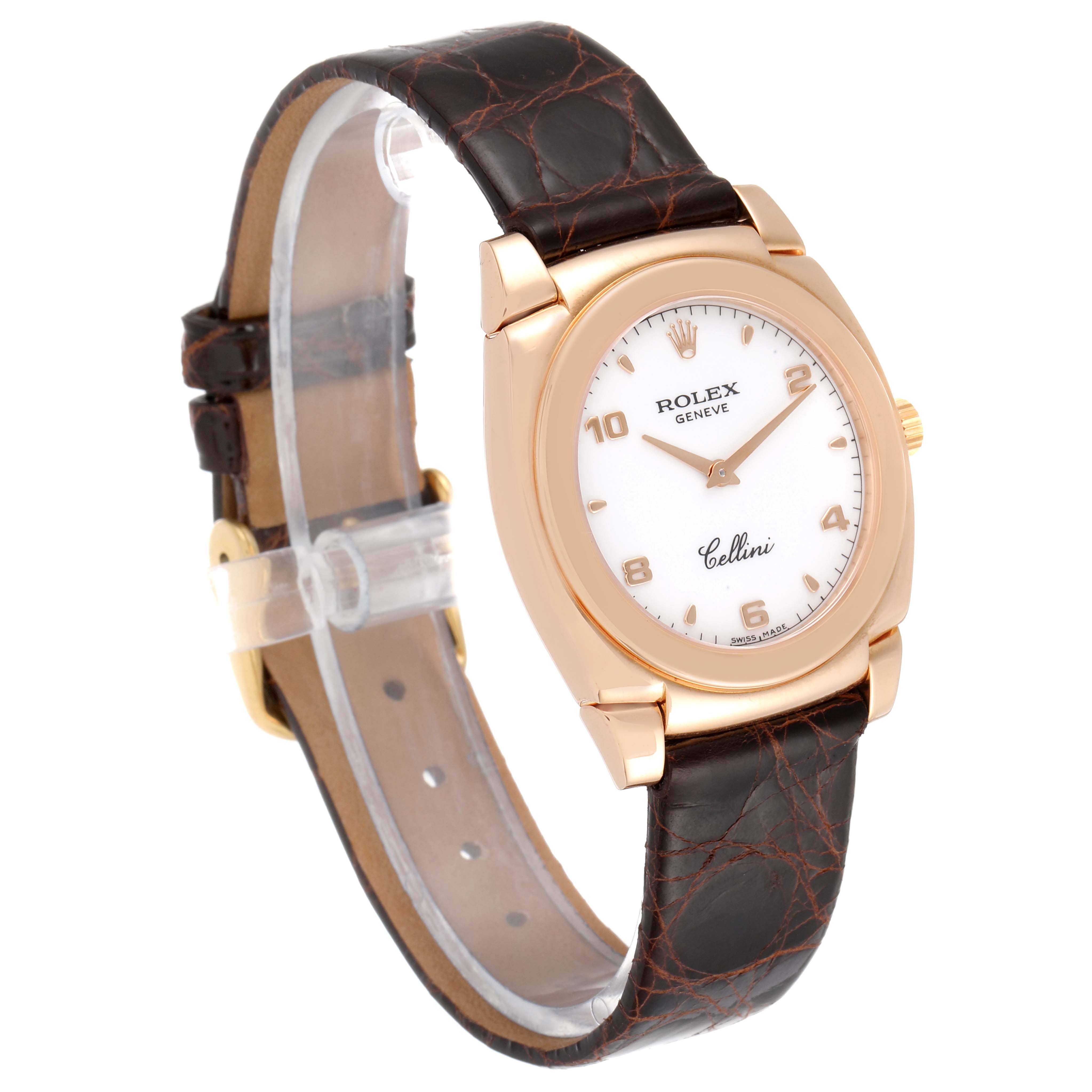 The image shows a side angle view of the Rolex Cellini 5320 Women's Rose Gold White Dial 5320 Women's Rose Gold White Dial watch, displaying its dial, case, and leather strap.