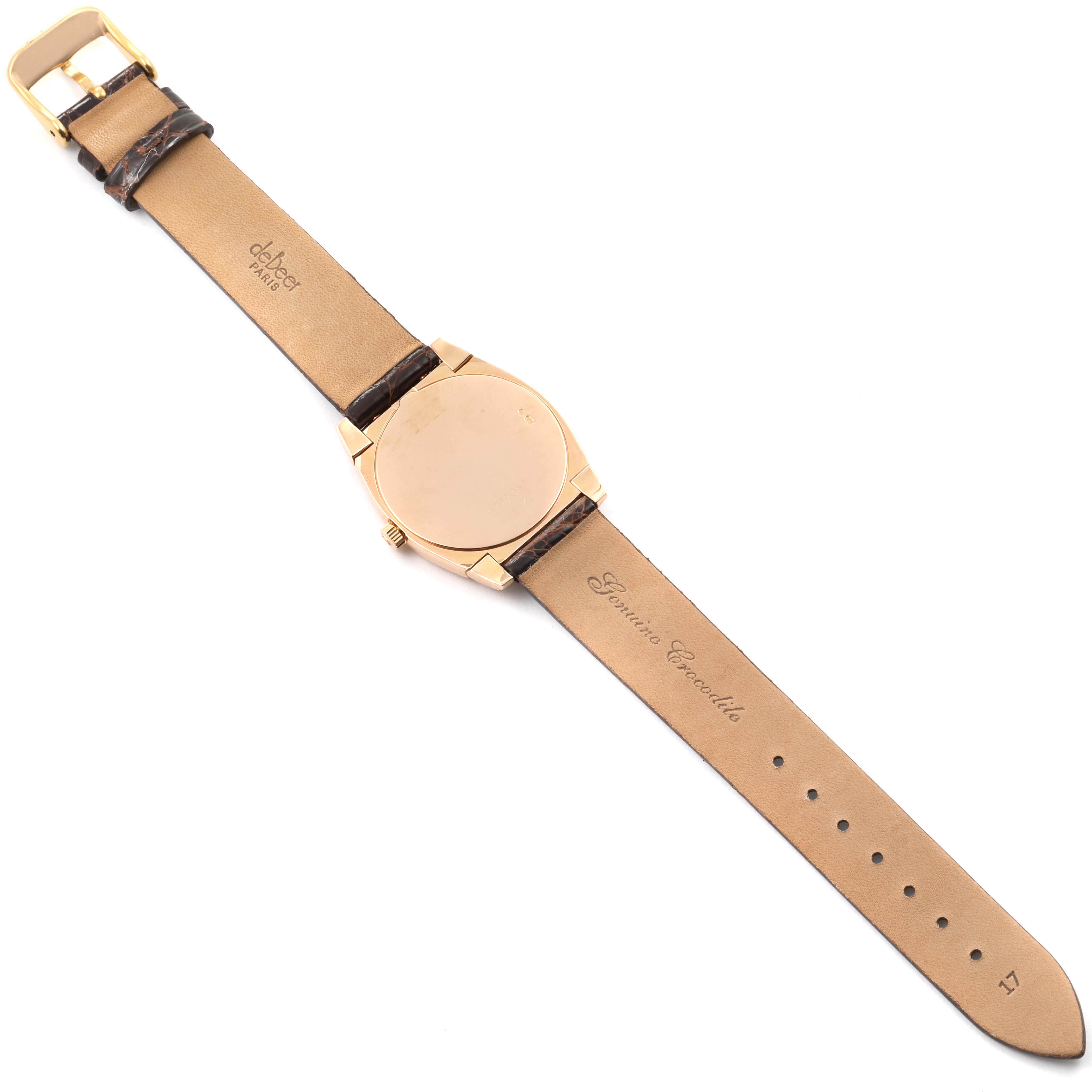 The image shows the back view of a Rolex Cellini 5320 Women's Rose Gold White Dial 5320 Women's Rose Gold White Dial watch, highlighting its strap and caseback.