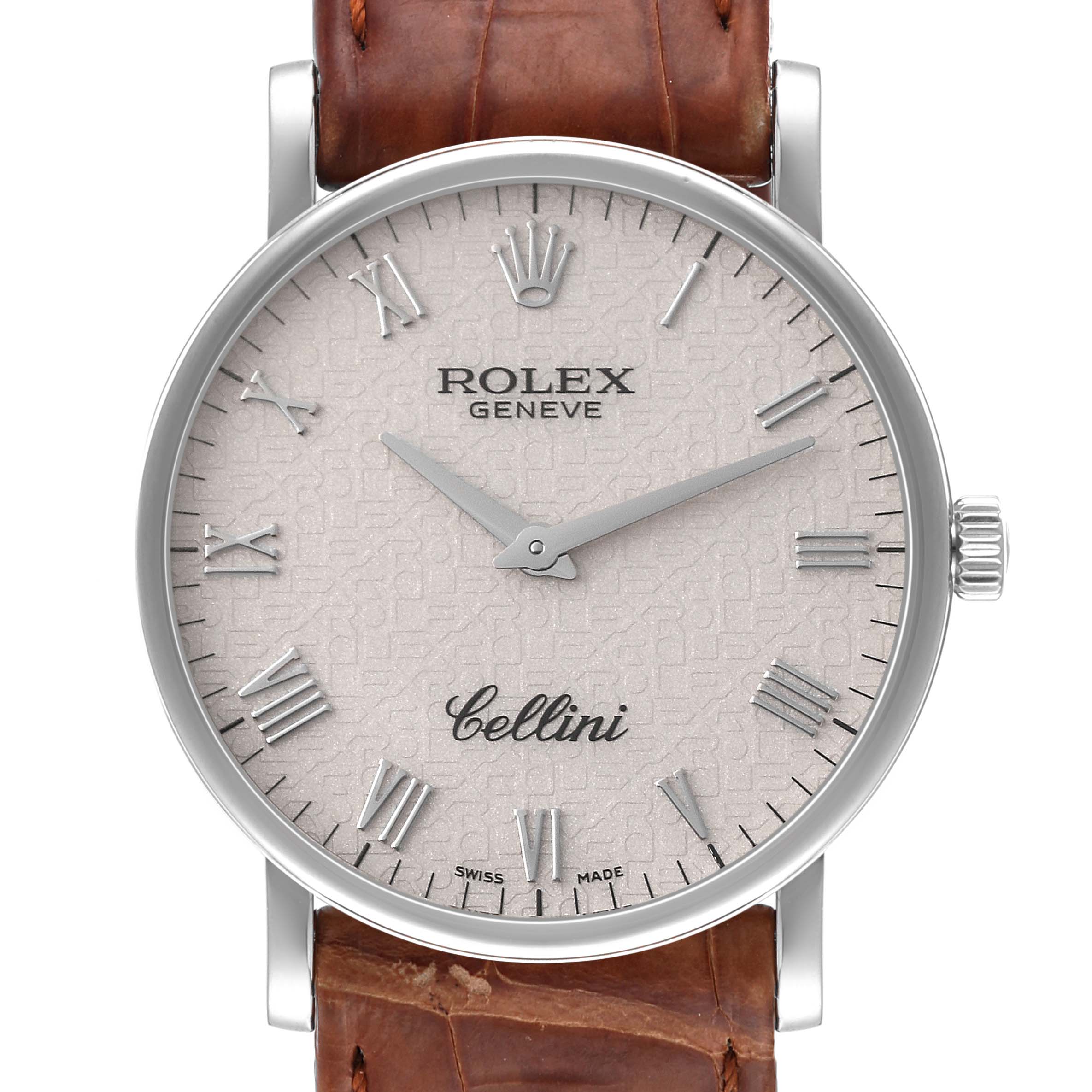 The image shows the Rolex Cellini 5115/9 Men's White Gold Beige Dial 5115/9 Men's White Gold Beige Dial watch face and part of its brown leather strap from a front angle.