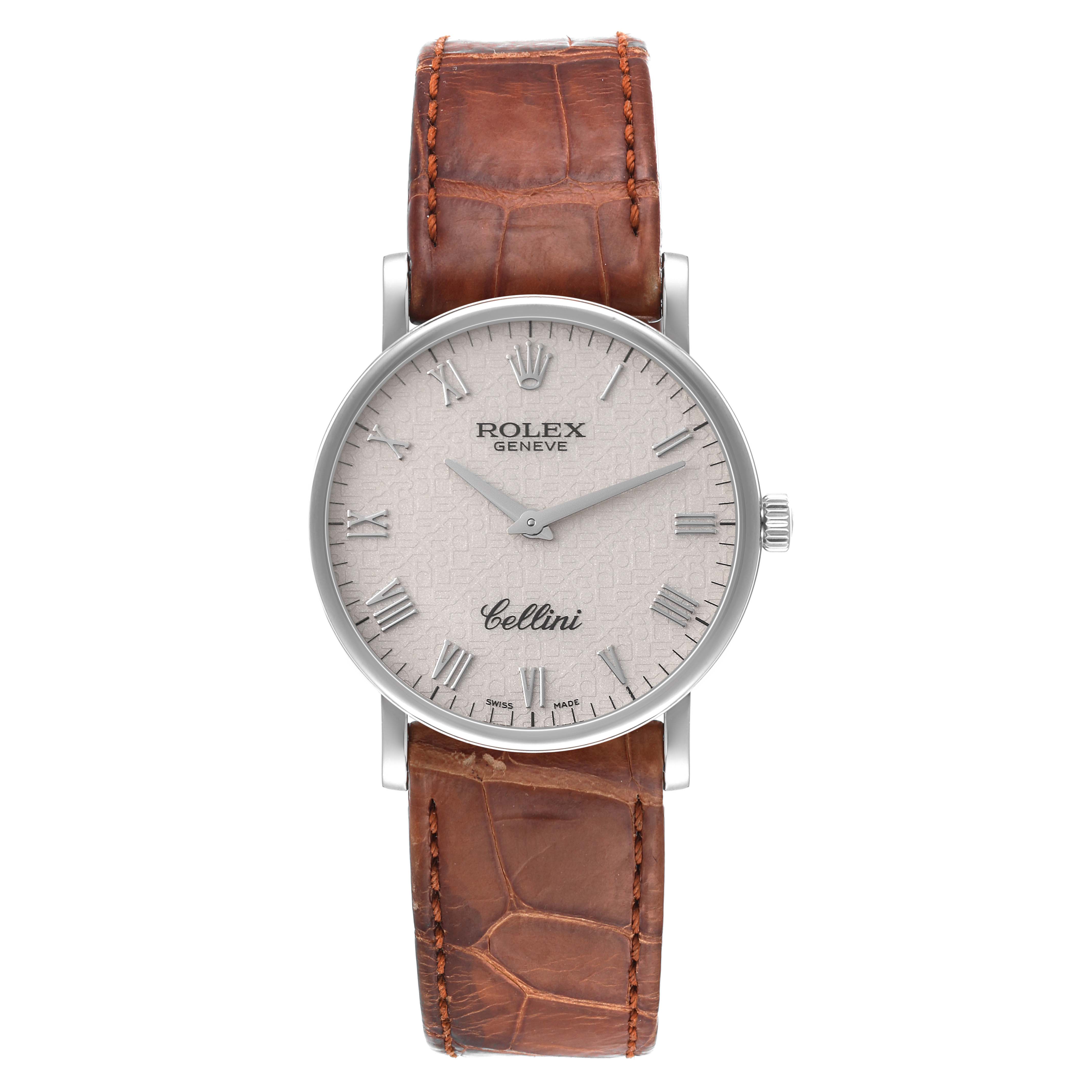 The image shows a front view of a Rolex Cellini 5115/9 Men's White Gold Beige Dial 5115/9 Men's White Gold Beige Dial watch with a brown leather strap and a silver dial.
