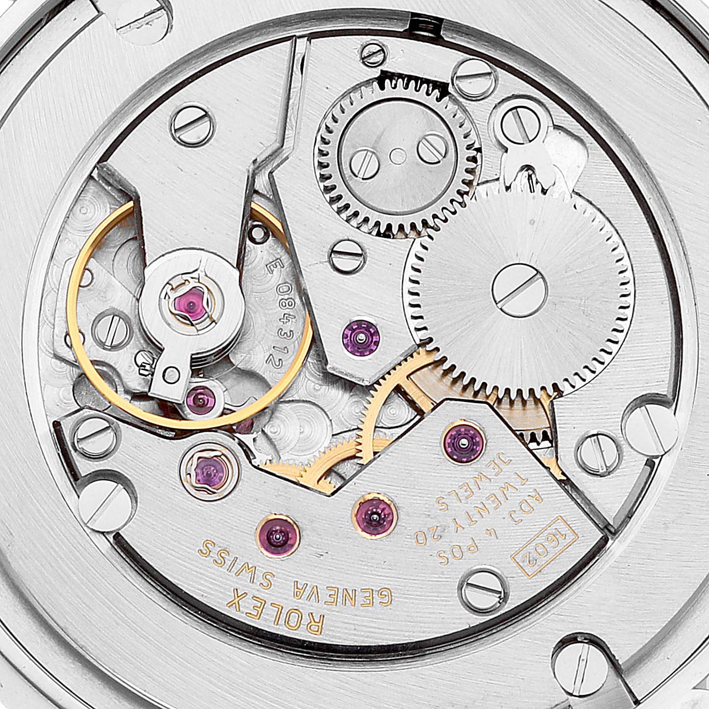 This image shows the intricate movement components of a Rolex Cellini 5115/9 Men's White Gold Beige Dial 5115/9 Men's White Gold Beige Dial watch, viewed from the back.