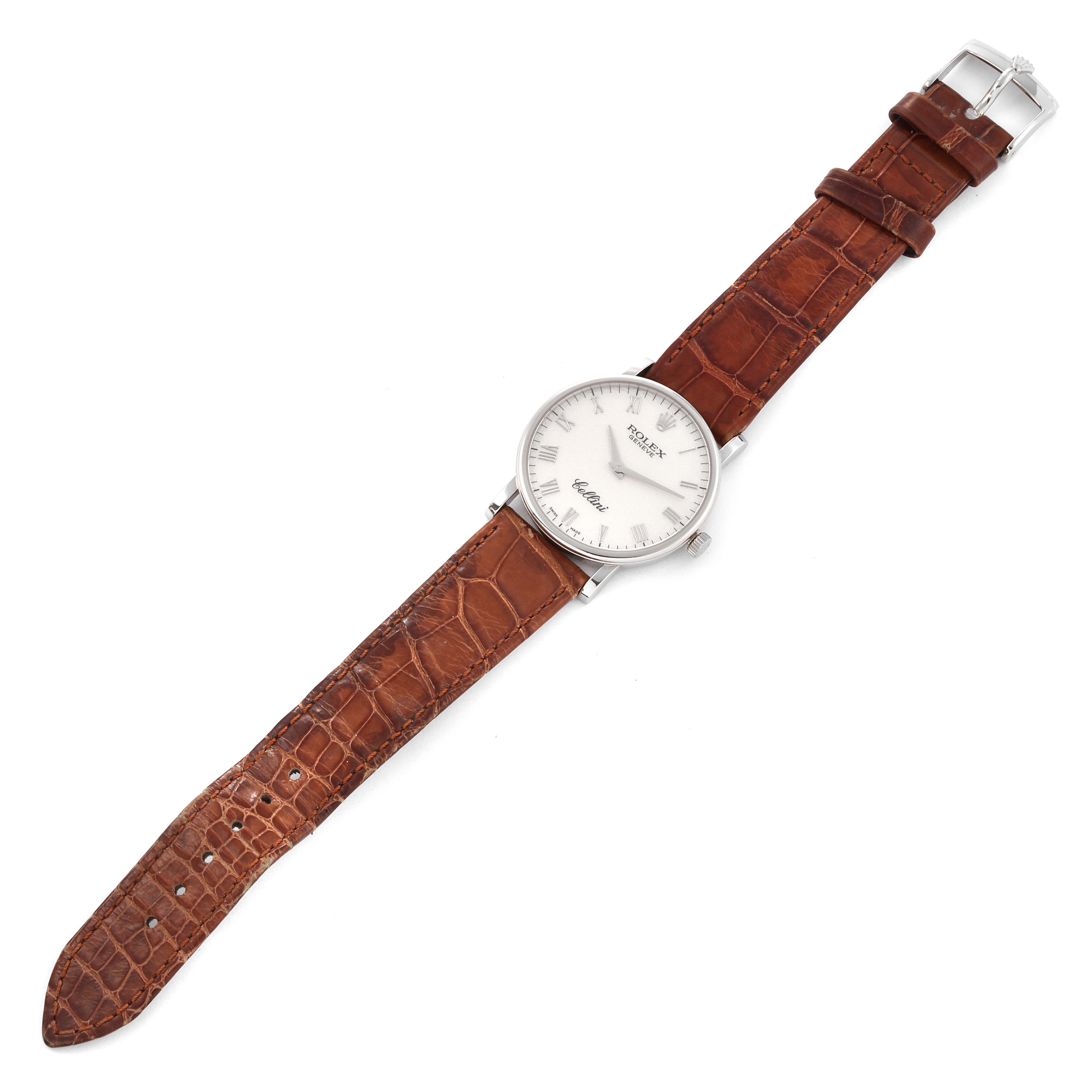 This image shows a full view of the Rolex Cellini 5115/9 Men's White Gold Beige Dial 5115/9 Men's White Gold Beige Dial watch with a leather strap and a round white dial.