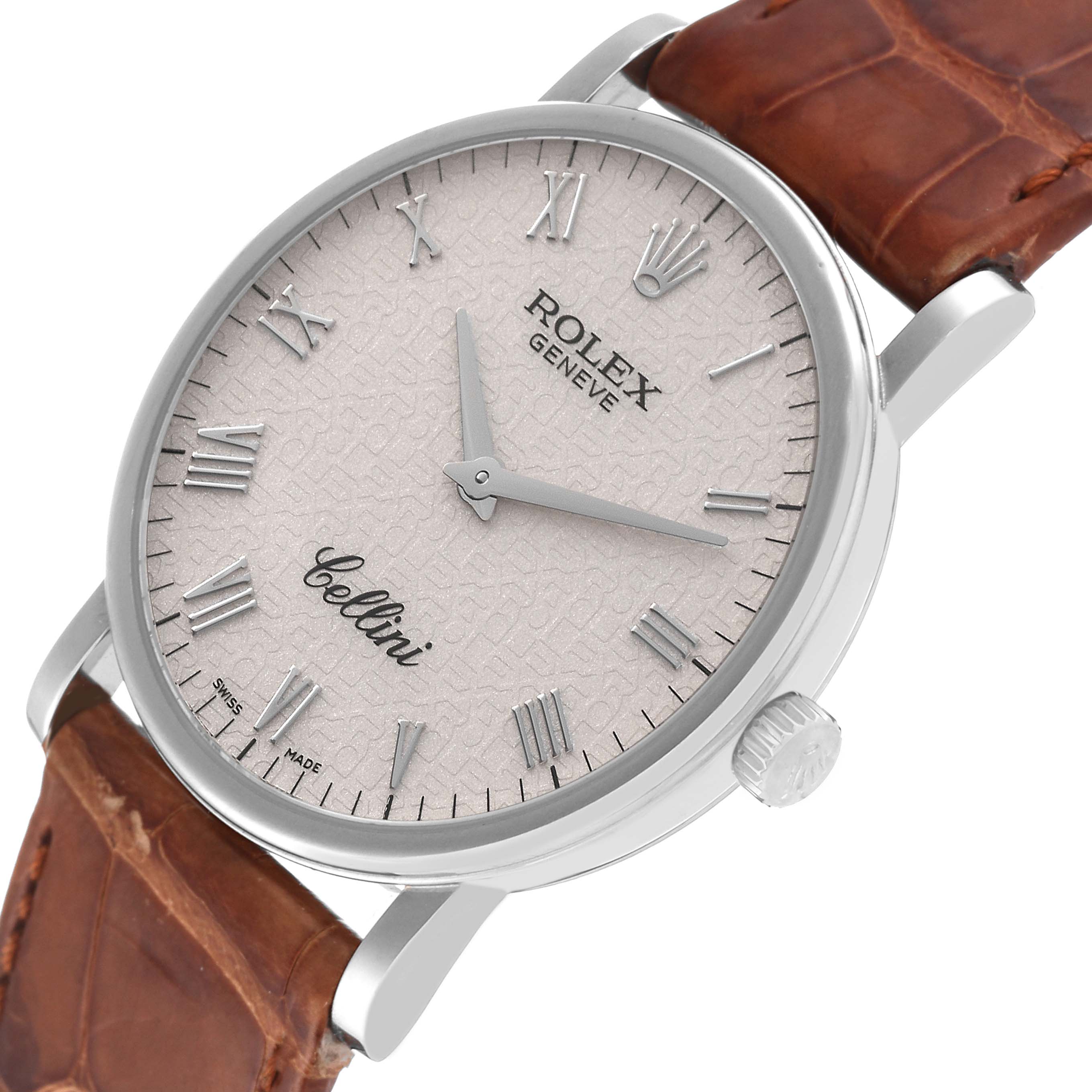 This image shows a close-up view of the Rolex Cellini 5115/9 Men's White Gold Beige Dial 5115/9 Men's White Gold Beige Dial watch face, bezel, crown, and brown leather strap.