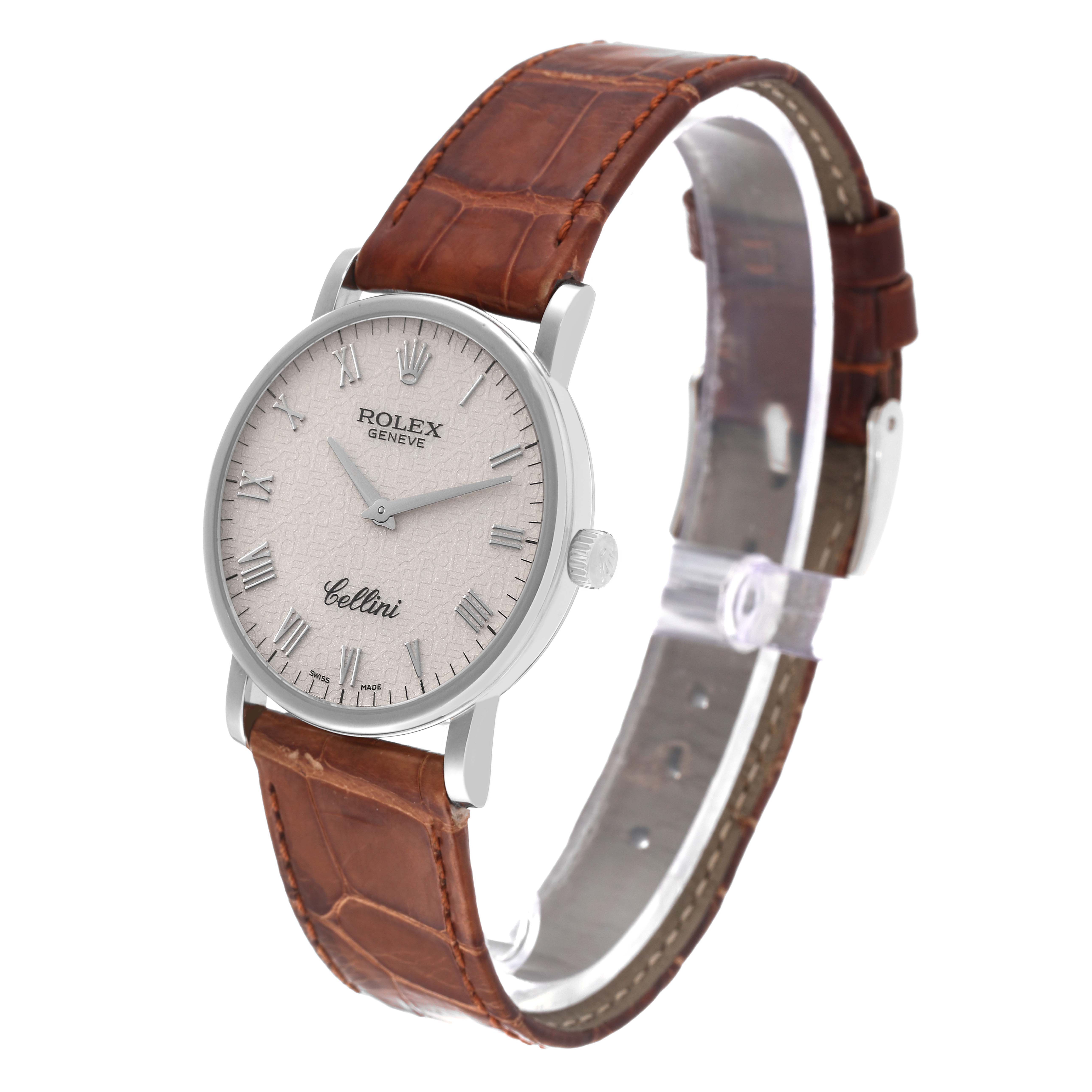 The Rolex Cellini 5115/9 Men's White Gold Beige Dial 5115/9 Men's White Gold Beige Dial watch is shown at a three-quarter angle, displaying the dial, bezel, crown, and brown leather strap.