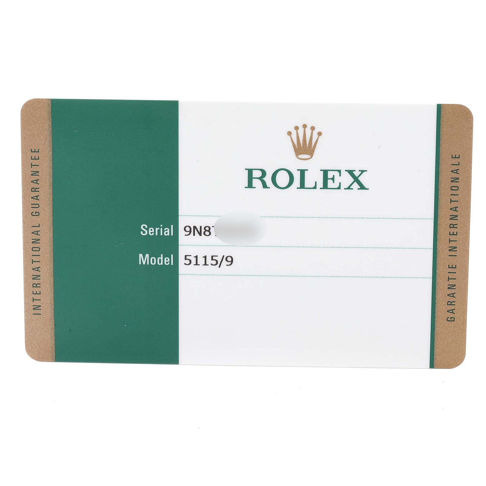 This image shows the International Guarantee card for a Rolex Cellini 5115/9 Men's White Gold Beige Dial 5115/9 Men's White Gold Beige Dial model with the serial number and model number displayed.