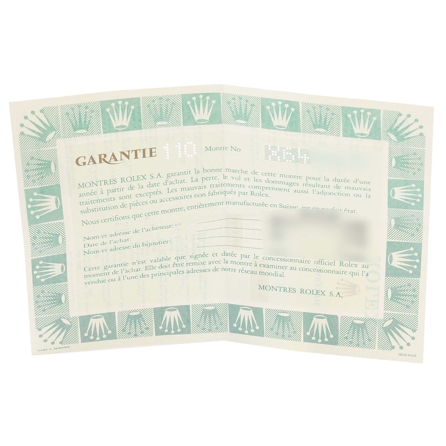 This image shows a warranty card for the Rolex Cellini 4112 Men
s Yellow Gold Champagne Dial 4112 Men
s Yellow Gold Champagne Dial model with branding details and watermarks.