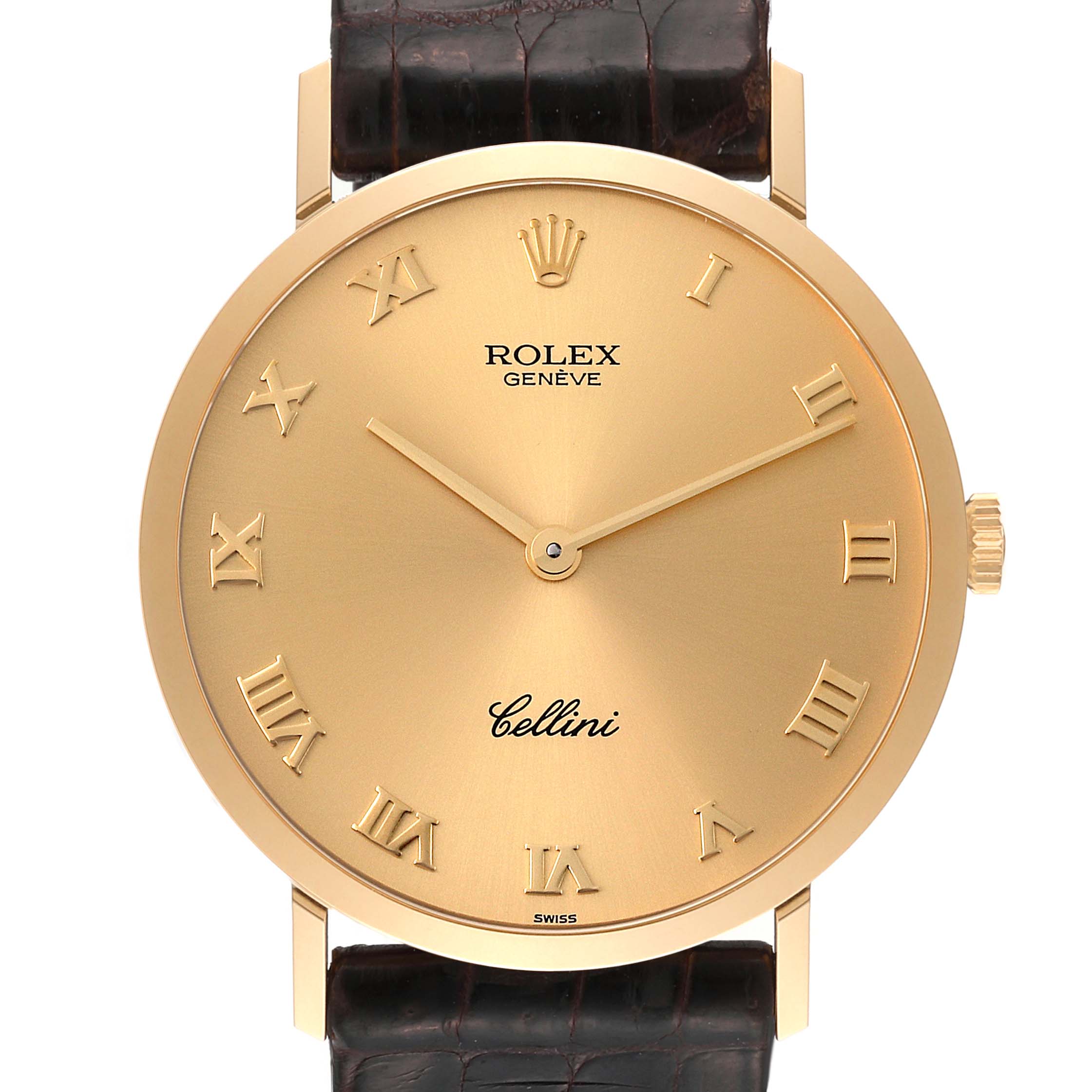 This Rolex Cellini 4112 Men
s Yellow Gold Champagne Dial 4112 Men
s Yellow Gold Champagne Dial watch is shown from a front angle, highlighting its dial with Roman numerals, hands, crown, and part of the leather strap.