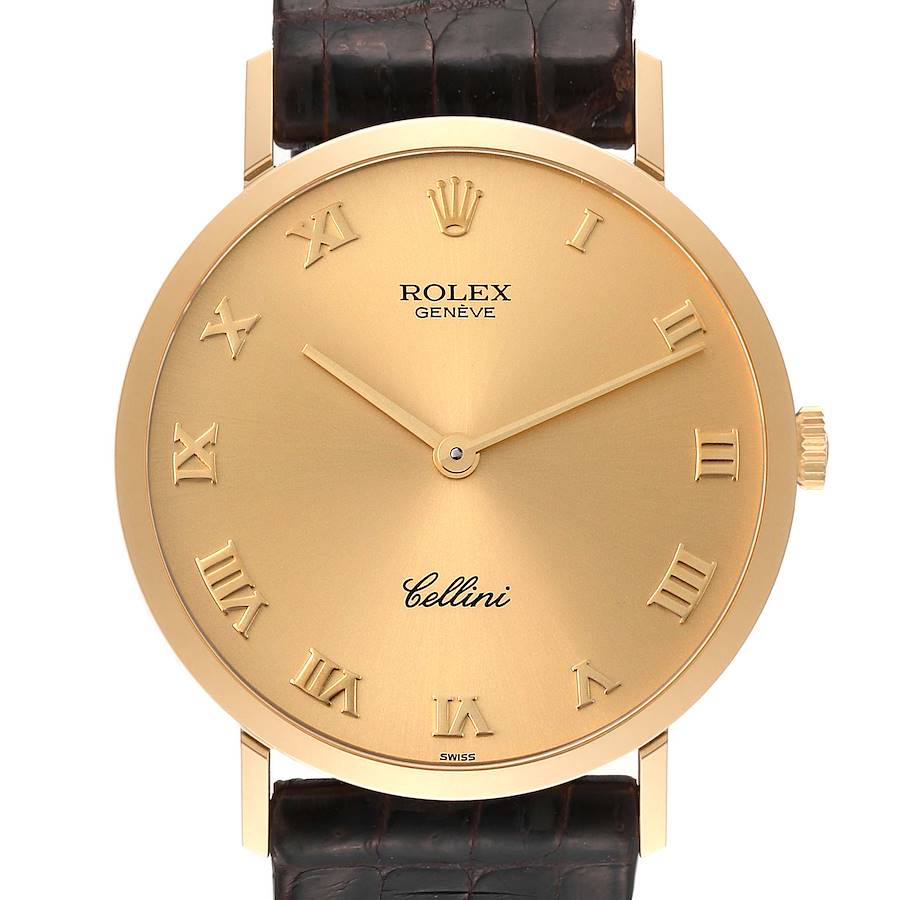 Rolex Cellini Classic Yellow Gold Brown Strap Mens Watch 4112 Papers SwissWatchExpo