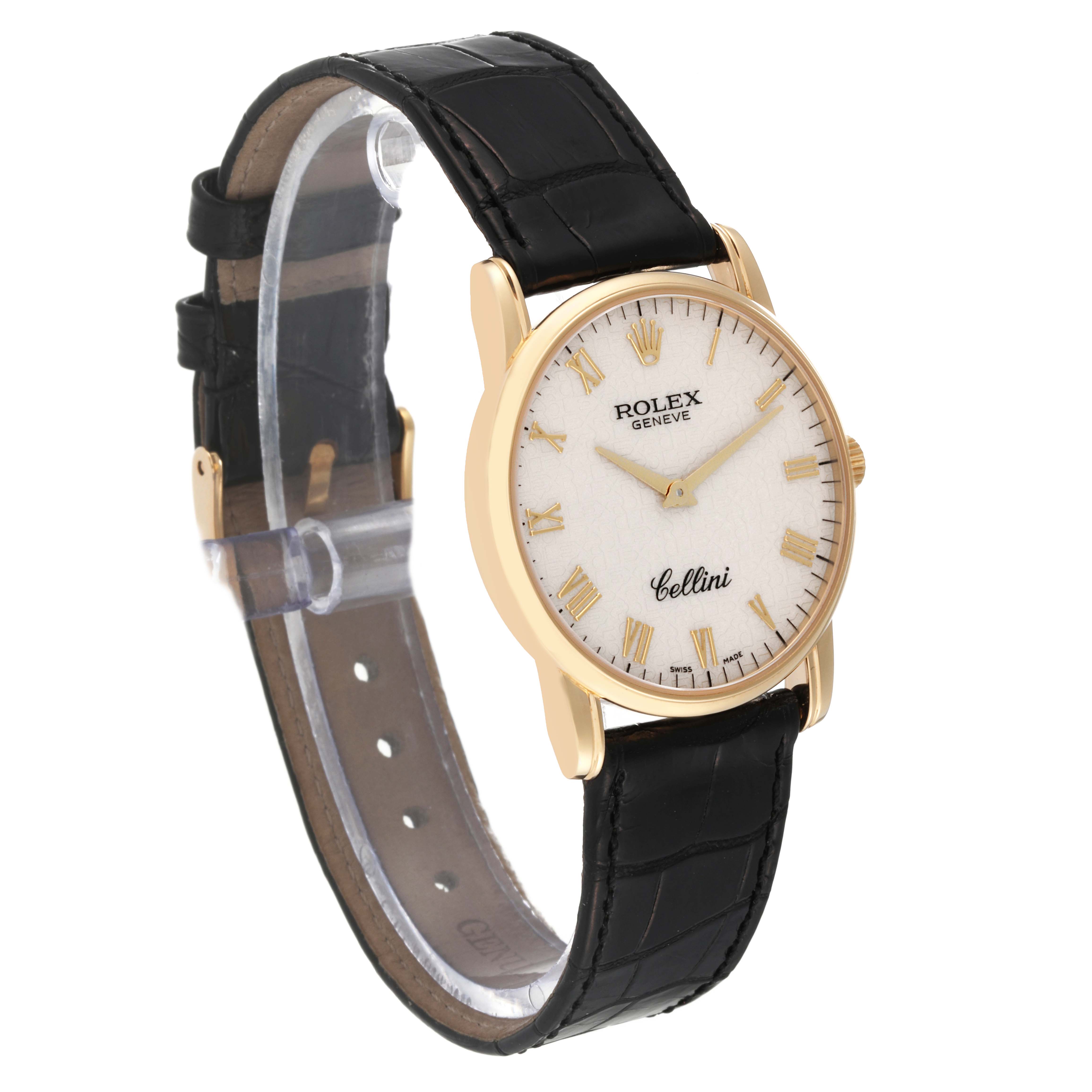 This is a side-angle view of a Rolex Cellini 5116/8 Men's Yellow Gold White Dial 5116/8 Men's Yellow Gold White Dial watch, showing its face, black leather strap, and gold casing.