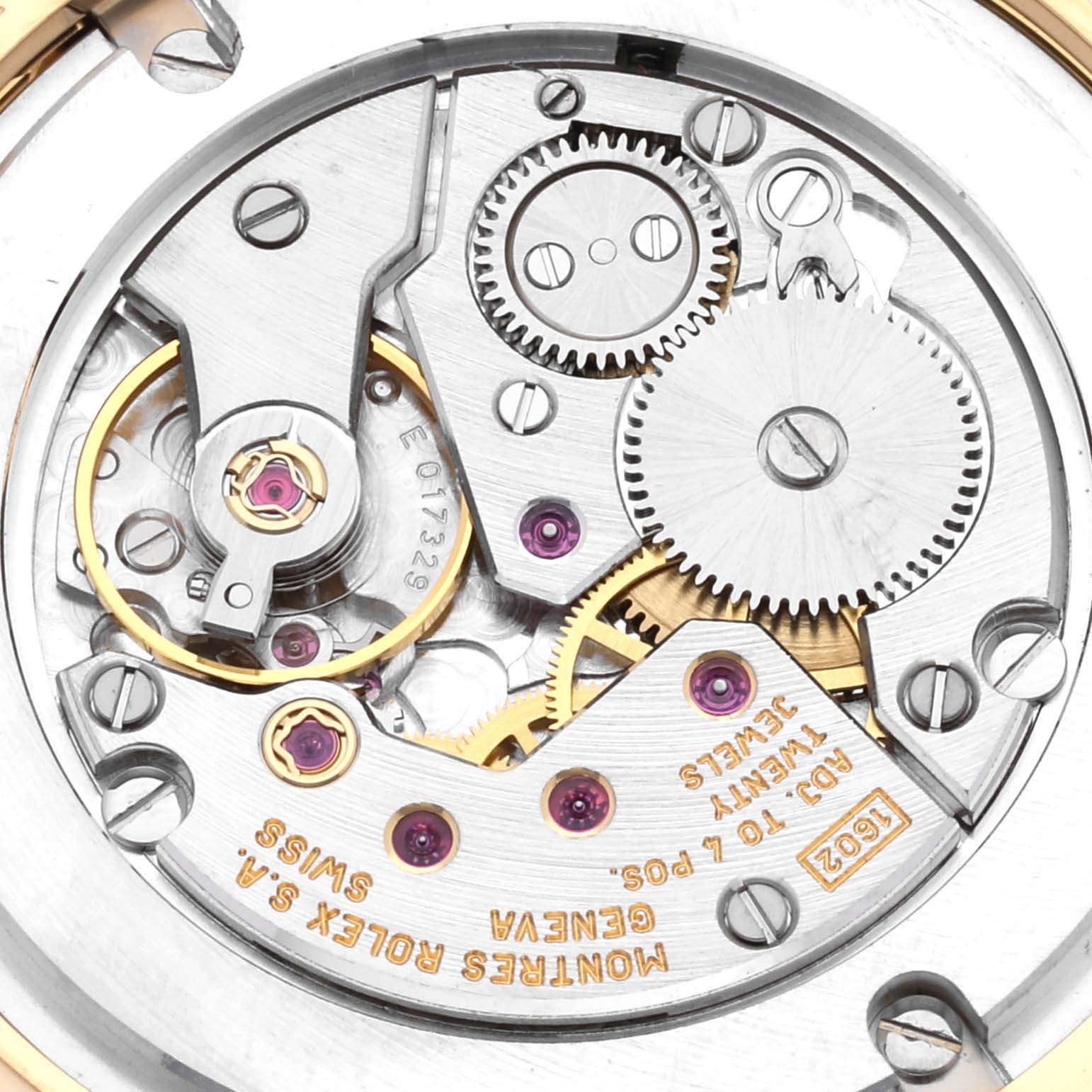 The image shows a close-up view of the movement mechanism of a Rolex Cellini 5116/8 Men's Yellow Gold White Dial 5116/8 Men's Yellow Gold White Dial watch.