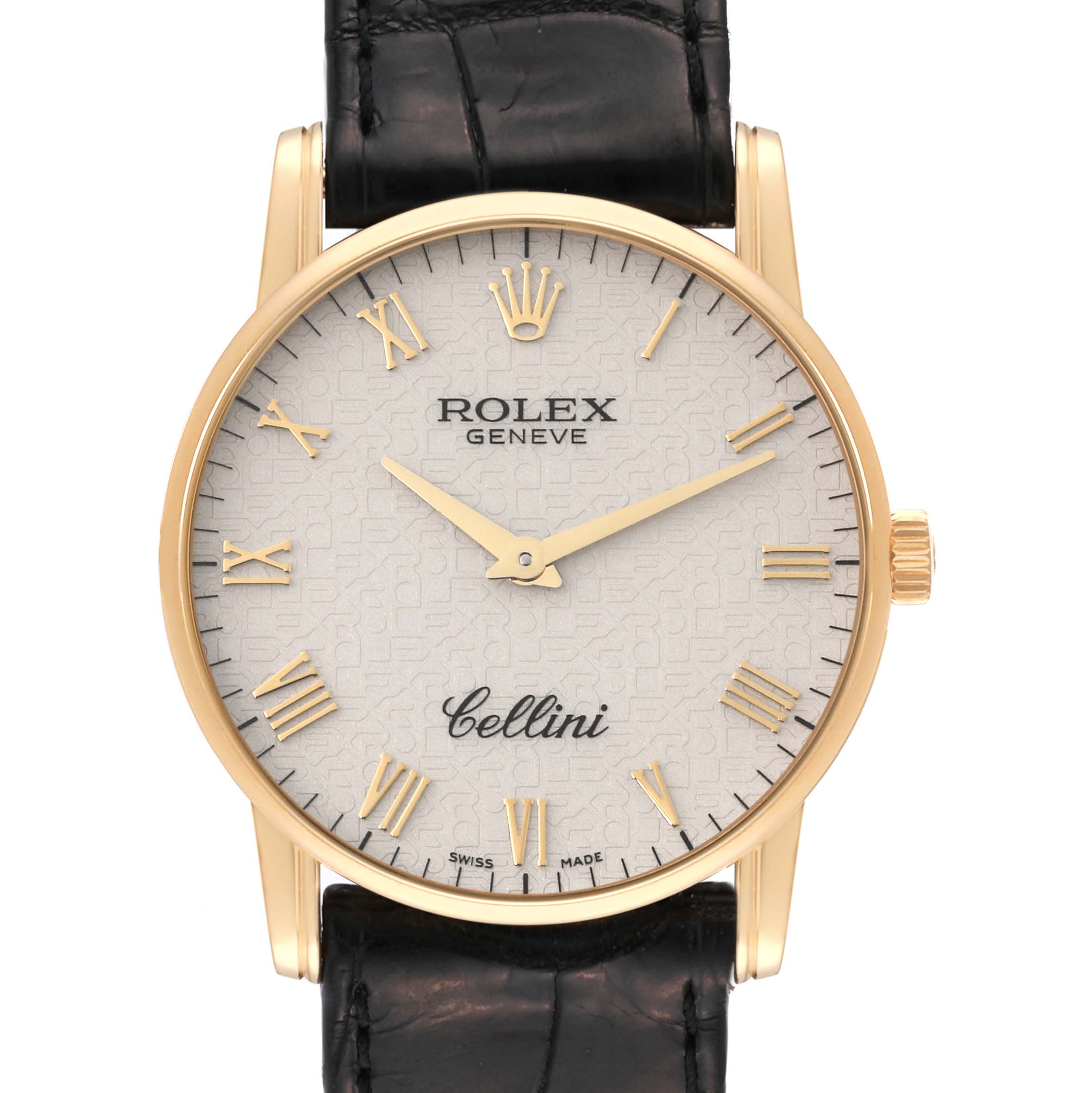 The image shows a front view of a Rolex Cellini 5116/8 Men's Yellow Gold White Dial 5116/8 Men's Yellow Gold White Dial watch with its dial, hands, crown, and leather strap visible.