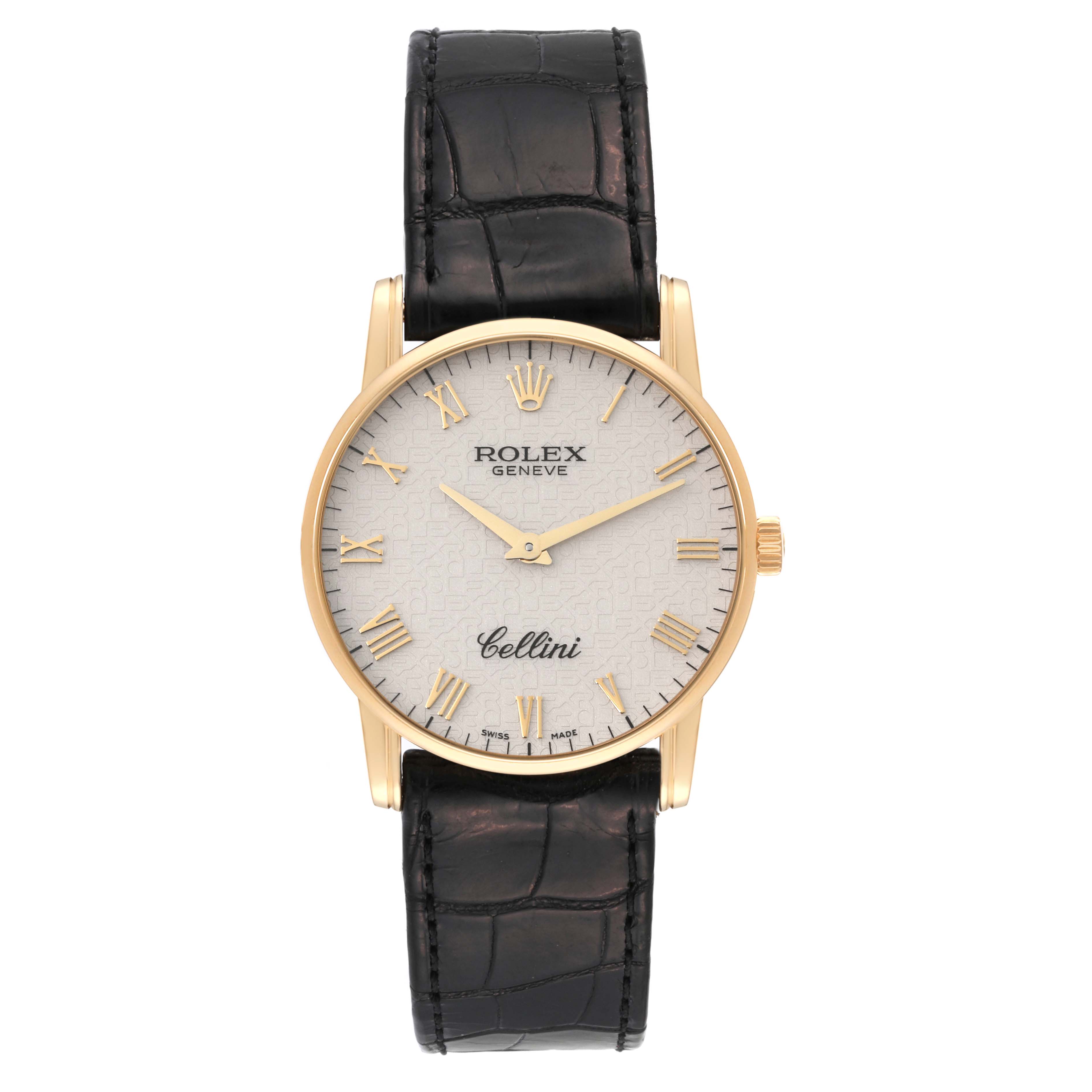 This image shows a front view of a Rolex Cellini 5116/8 Men's Yellow Gold White Dial 5116/8 Men's Yellow Gold White Dial watch with a gold case and a black leather strap.