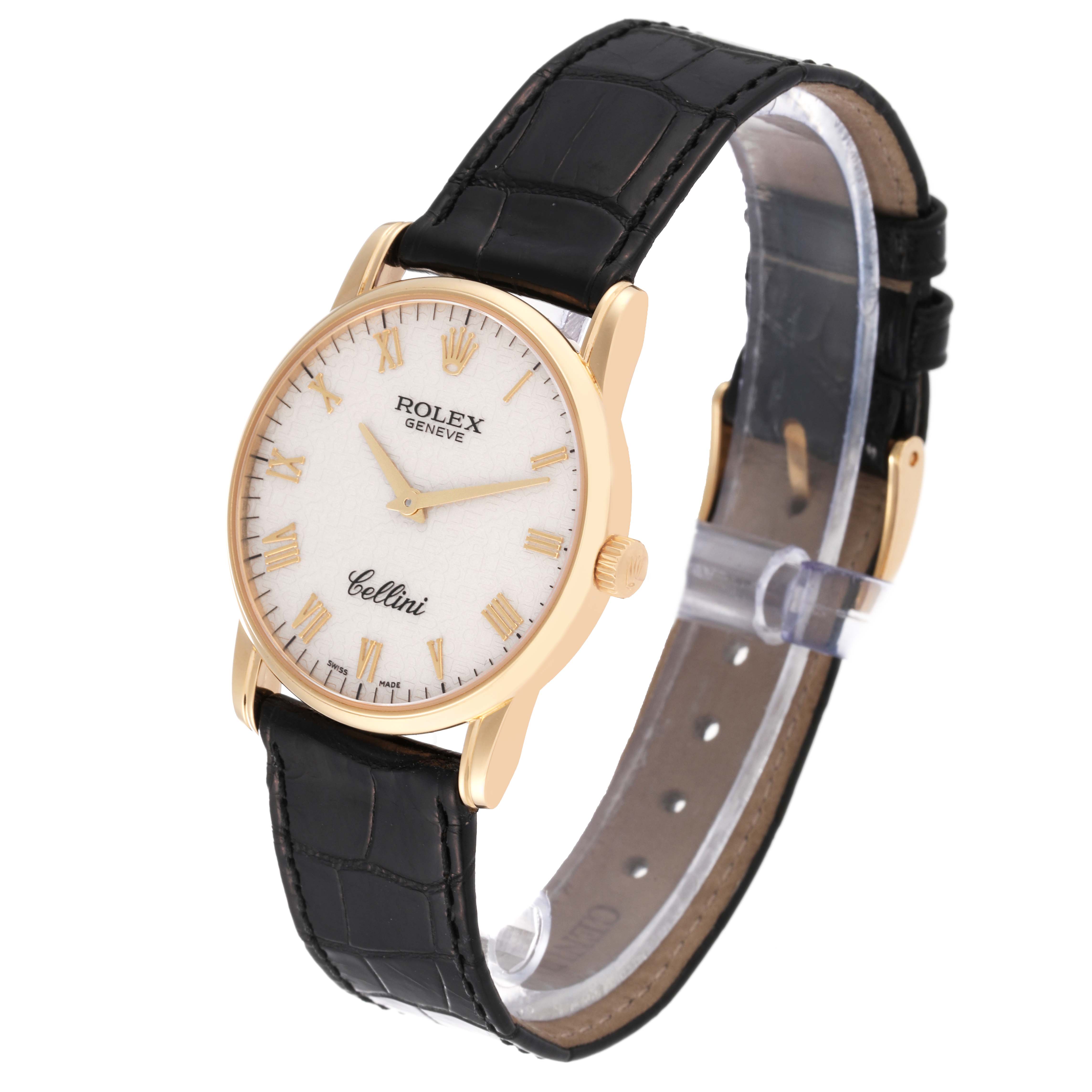 The image shows a Rolex Cellini 5116/8 Men's Yellow Gold White Dial 5116/8 Men's Yellow Gold White Dial watch angled to display the dial, case, crown, and leather strap.