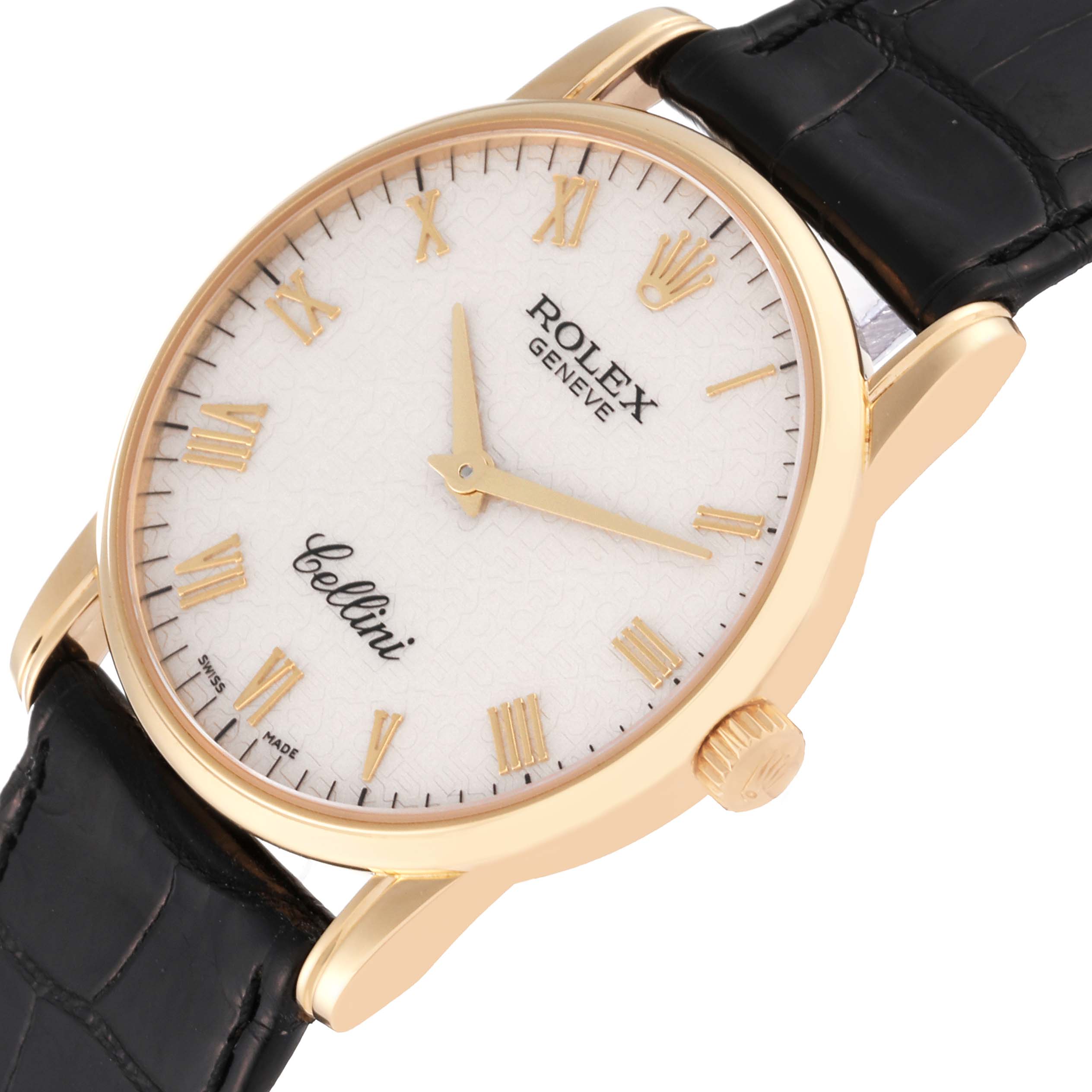 The Rolex Cellini 5116/8 Men's Yellow Gold White Dial 5116/8 Men's Yellow Gold White Dial watch is shown at an angle highlighting its gold case, white dial, gold Roman numerals, and black leather strap.